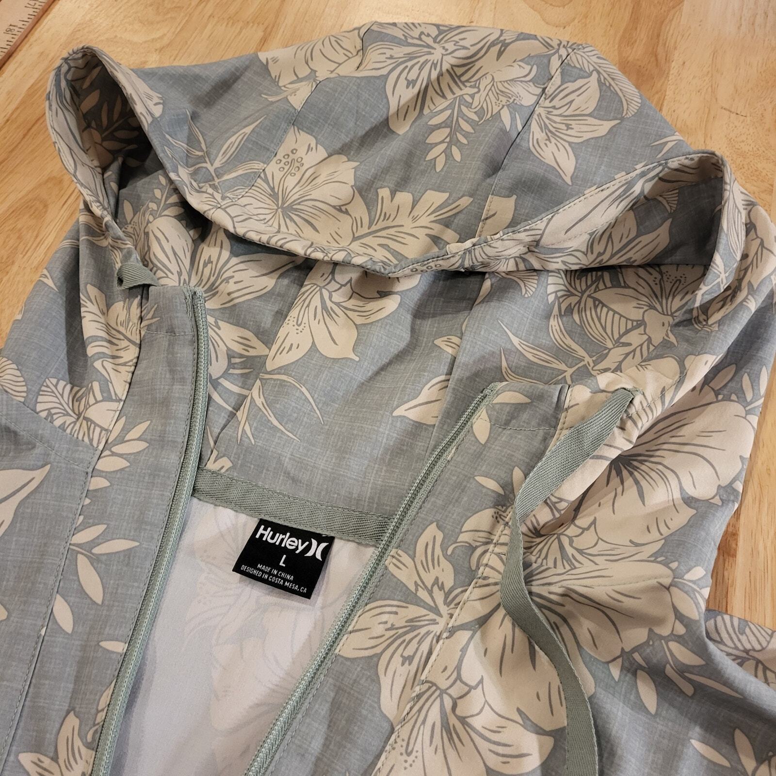 Hurley large green pullover zip long sleeve botanical Hood elastic waist pocket