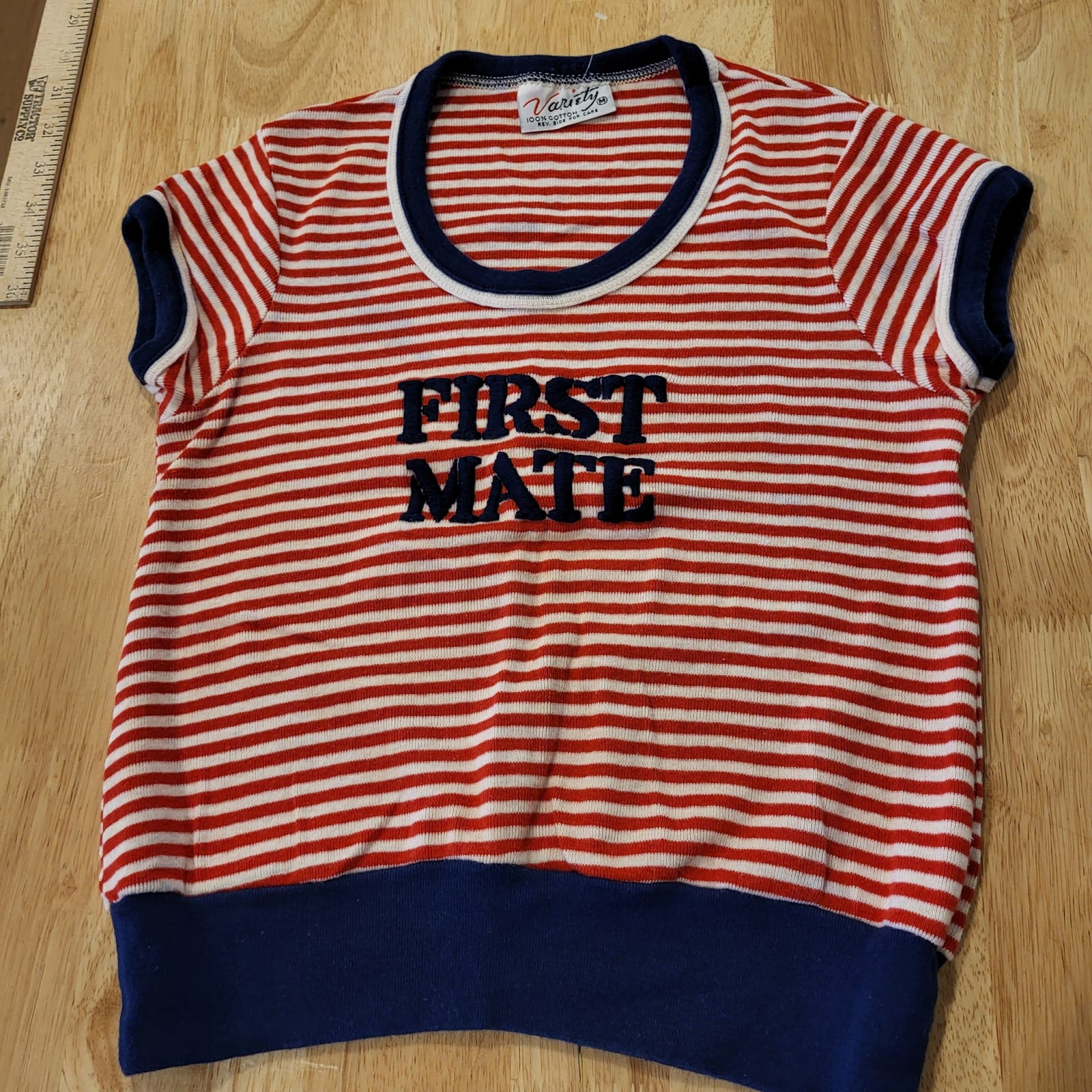 Vintage Red White Blue Striped First Mate Knit 100% Cotton Short Sleeve T-shirt