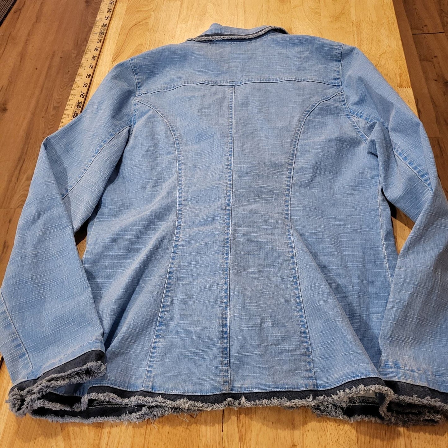 Z. Cavaricci Large Cotton Blend Raw Edge Stretch Denim Two Button Blazer