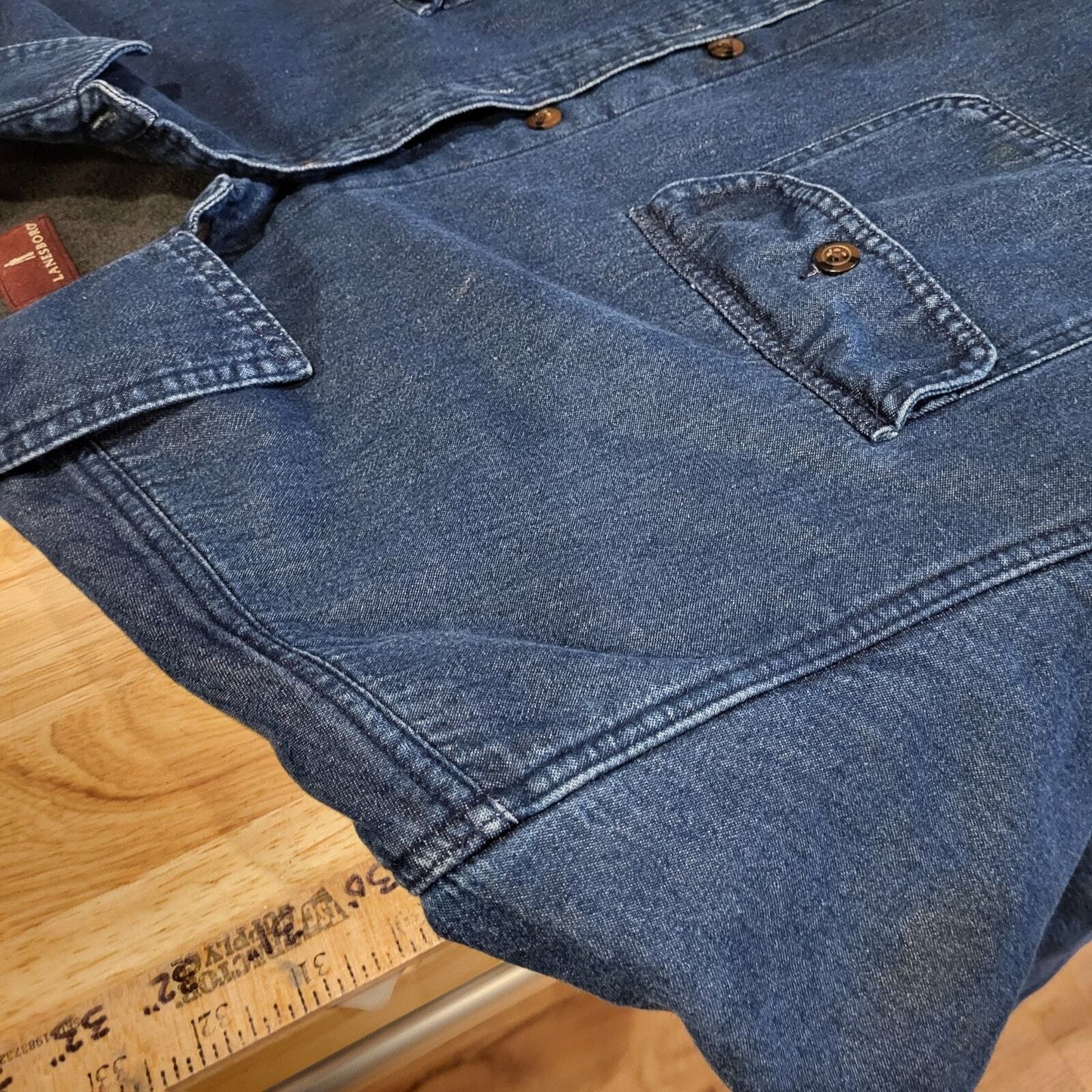 Lanesboro 100% Cotton Blue Denim Brown Fleece Lined Collared Button Up Jacket XL