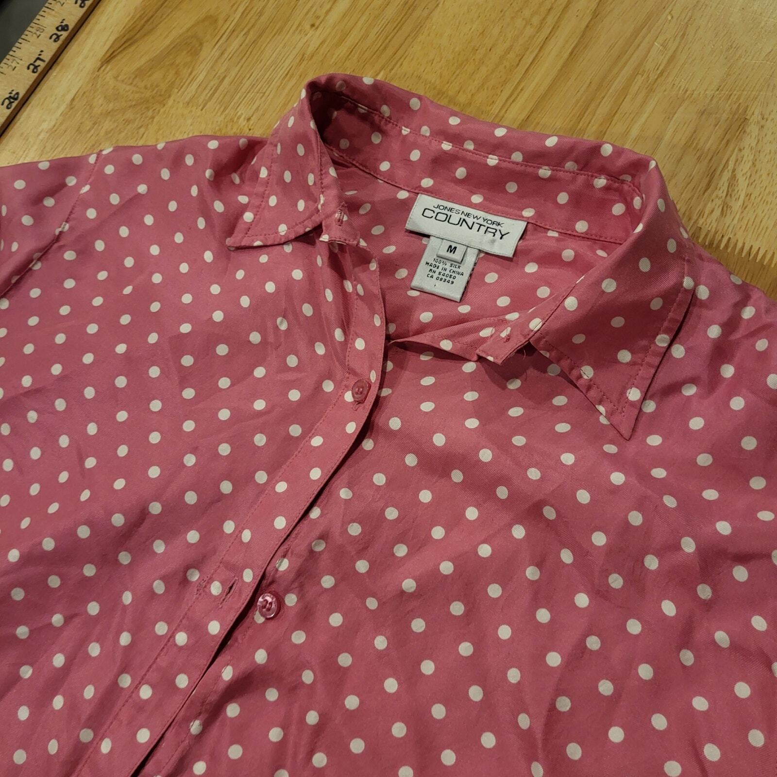 Vintage Jones New York Country Medium Pink Polka Dot Silk Collared Button Down