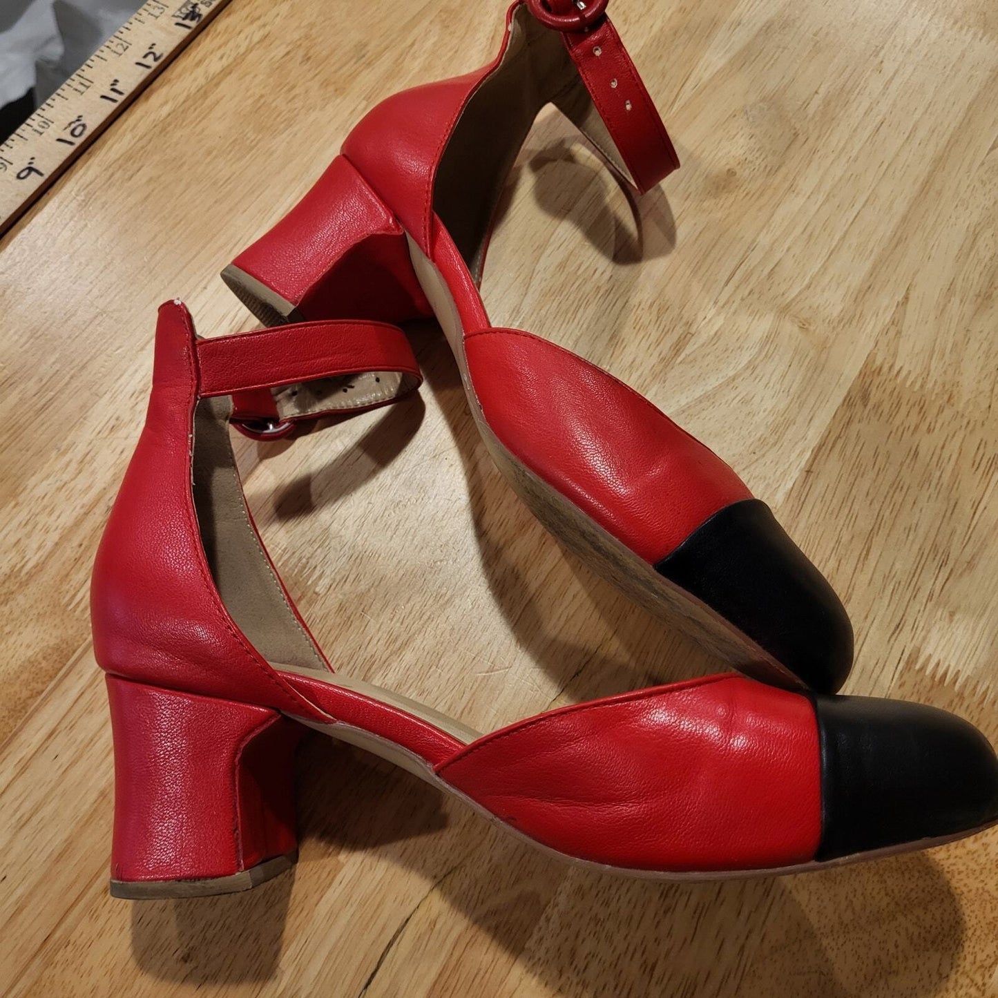 FSJ Red & Black Sling Back 1.5" Block Heel Strappy Round Toe Dance size 9 10"