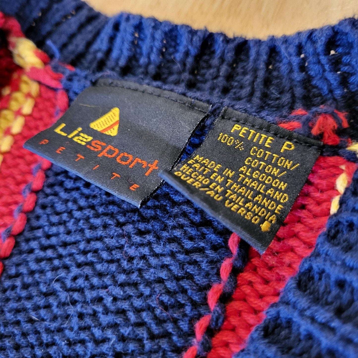Vintage 90's Liz Claiborne Blue Cardigan Sweater Yellow & Red Stripe Preppy P