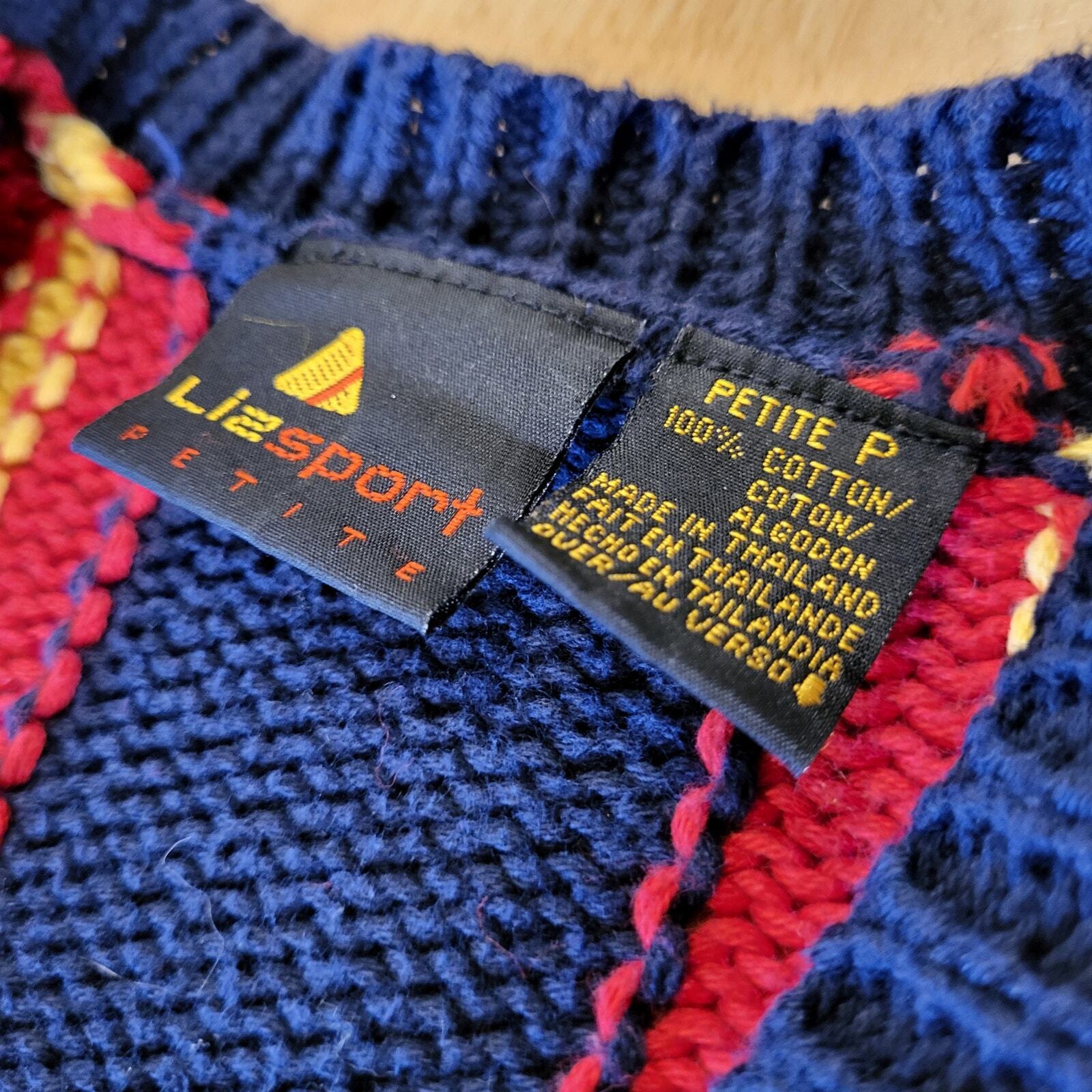Vintage 90's Liz Claiborne Blue Cardigan Sweater Yellow & Red Stripe Preppy P