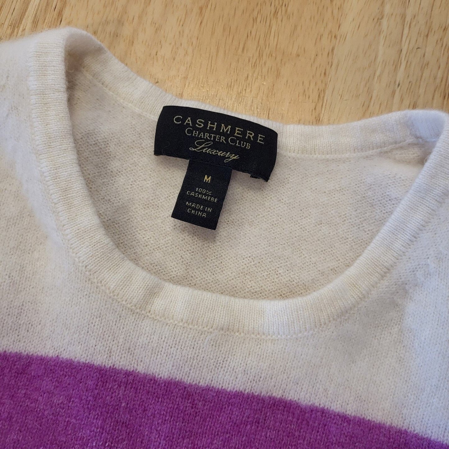 Charter Club Luxury 100% Cashmere Pink & Green Stripe Crew Neck Sweater Medium