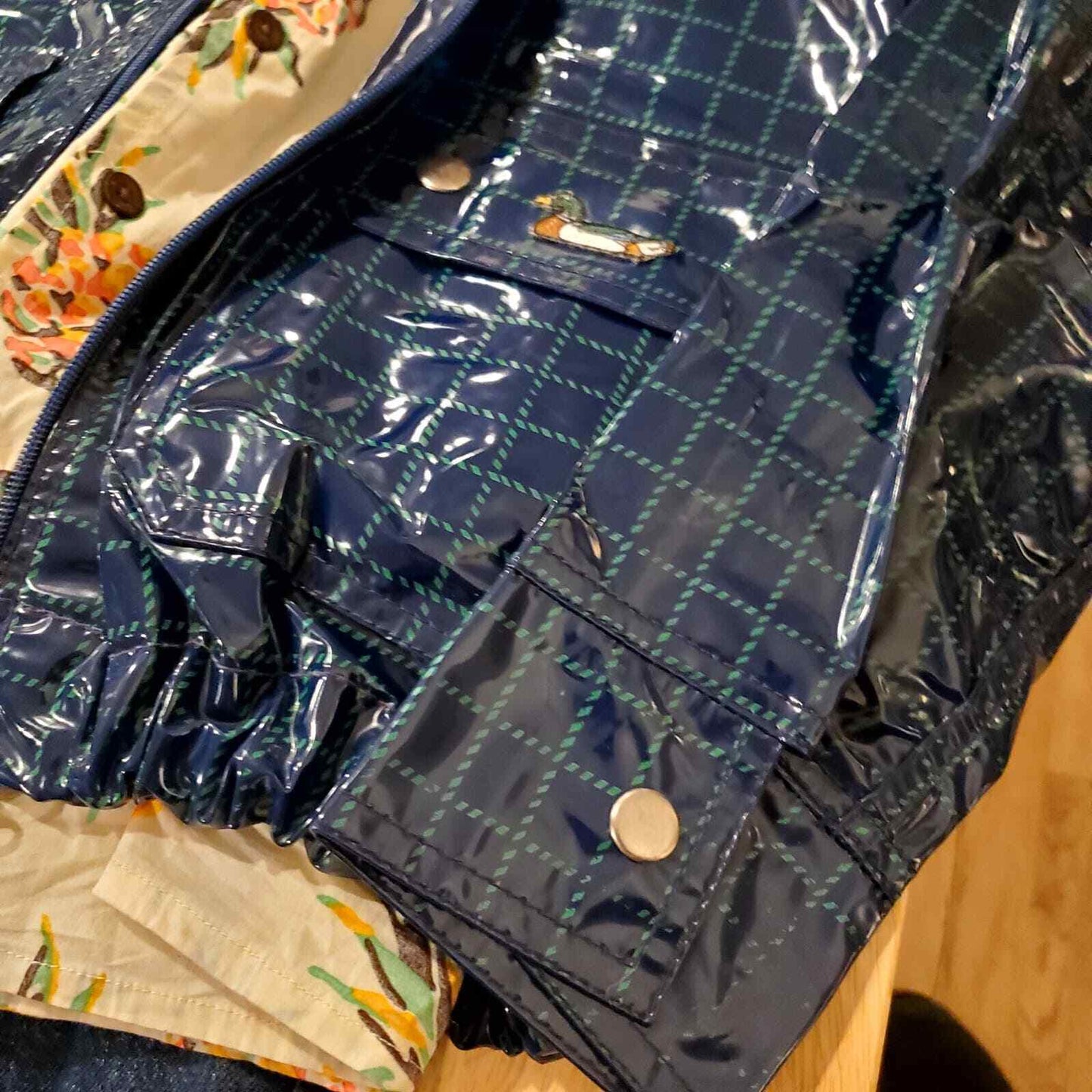 Banner House Asheville Blue Green Plaid Rubber Rain Coat Vintage
