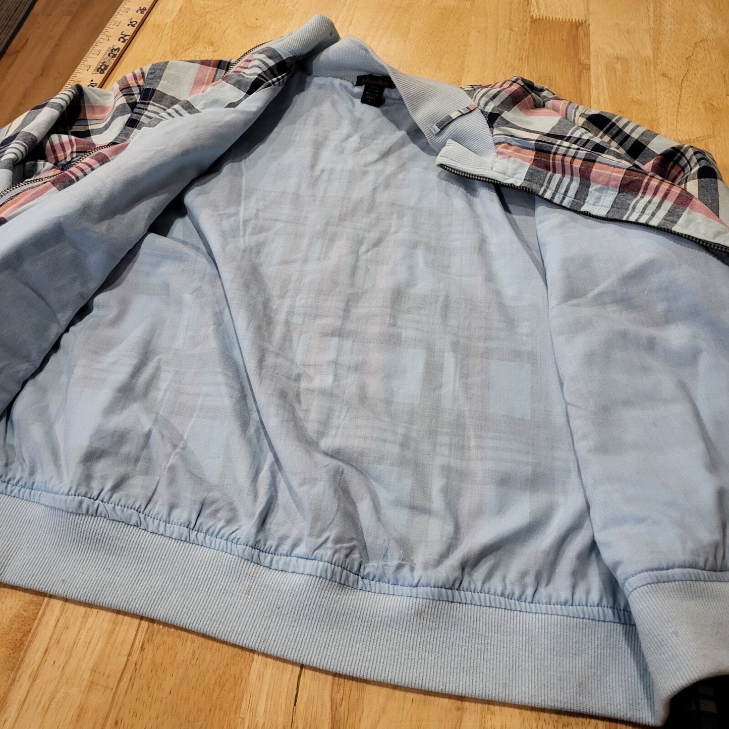 Feathers 100% Cotton 90's Plaid Blue Y2K Bomber Jacket Pockets Zipper large