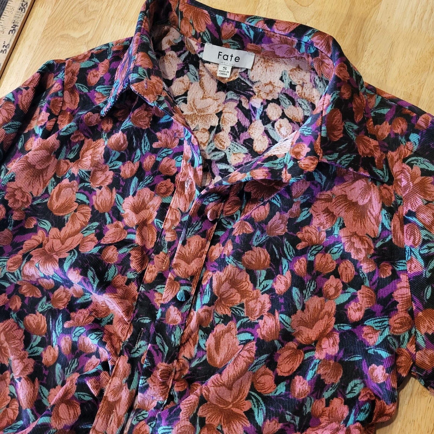 Fate Size Small Floral Pink Corduroy Collard Shirt Dress Gathered Button Down