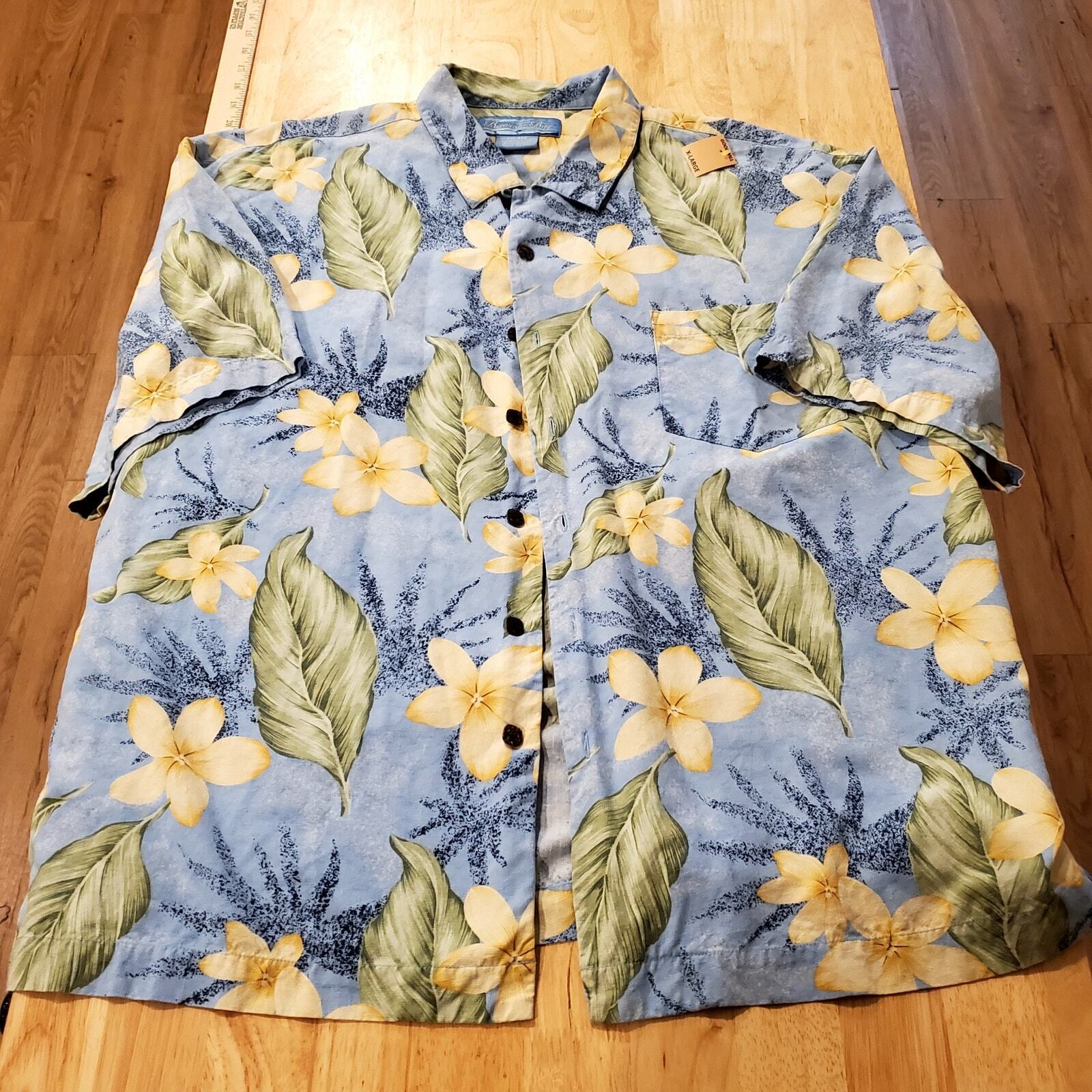 Bermuda Bay 100% Silk XXL Hawaiian Print Button Down Yellow Blue Floral 