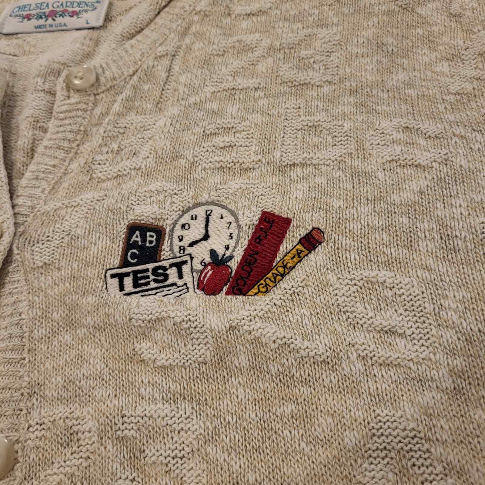 Vintage Sweater School Teacher Theme Embossed ABC 123 Beige Cardigan Large USA