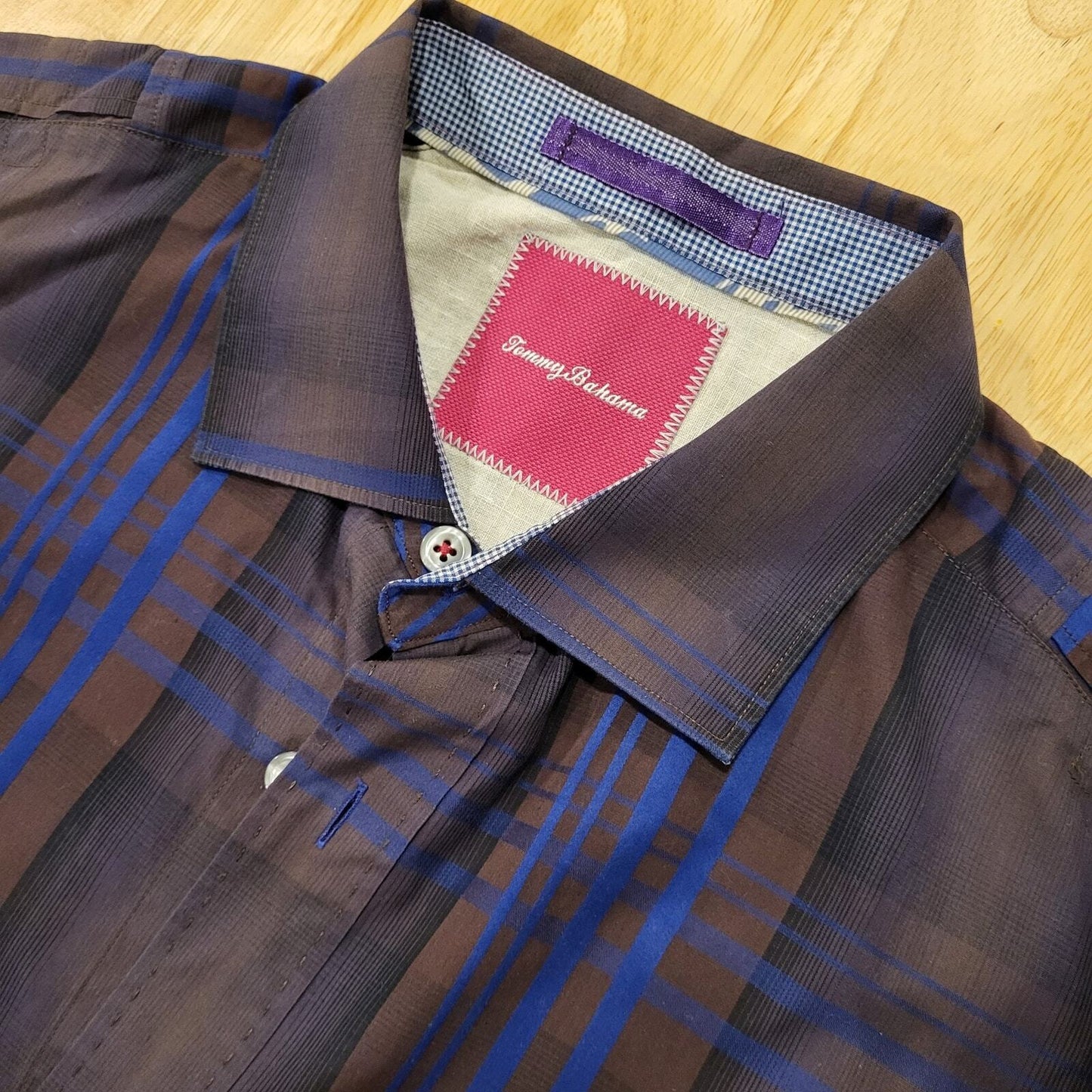 Tommy Bahama Purple Plaid 100% Cotton Button Down Collared Shirt Contrast Cuff 