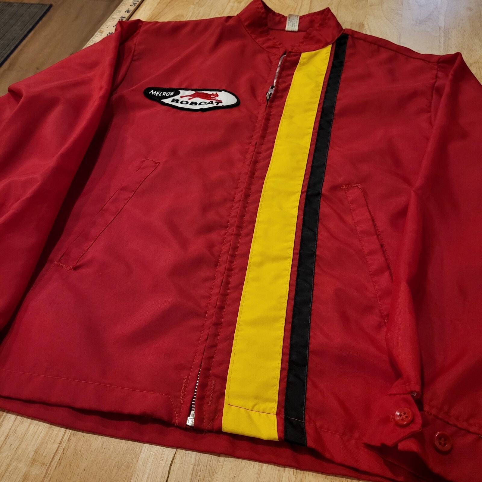 Red Nylon Vintage Jacket Zip 22" Pit to Pit Stripe Melroe Bobcat