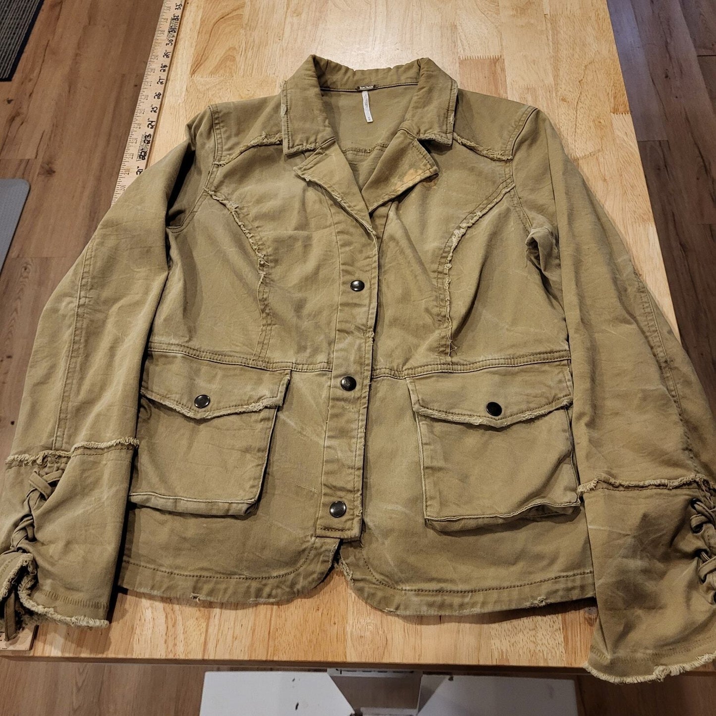 Khaki beige Free People Ruffle Back lace up sleeve Coat (See Bleach Mark) 