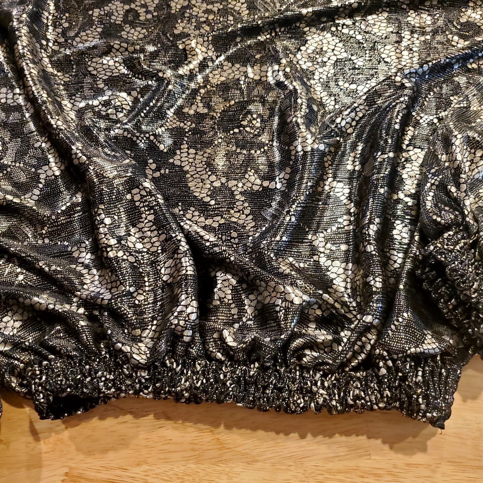 Vintage Silver Metallic Elastic Gather Waist Lace Print Ballon Sleeve Blouse Med