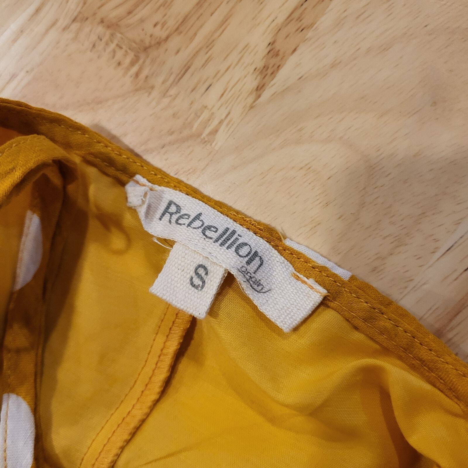 Rebellion Mustard Yellow Polka Dot Strappy Dress Small Button 16" p2p 14" Waist