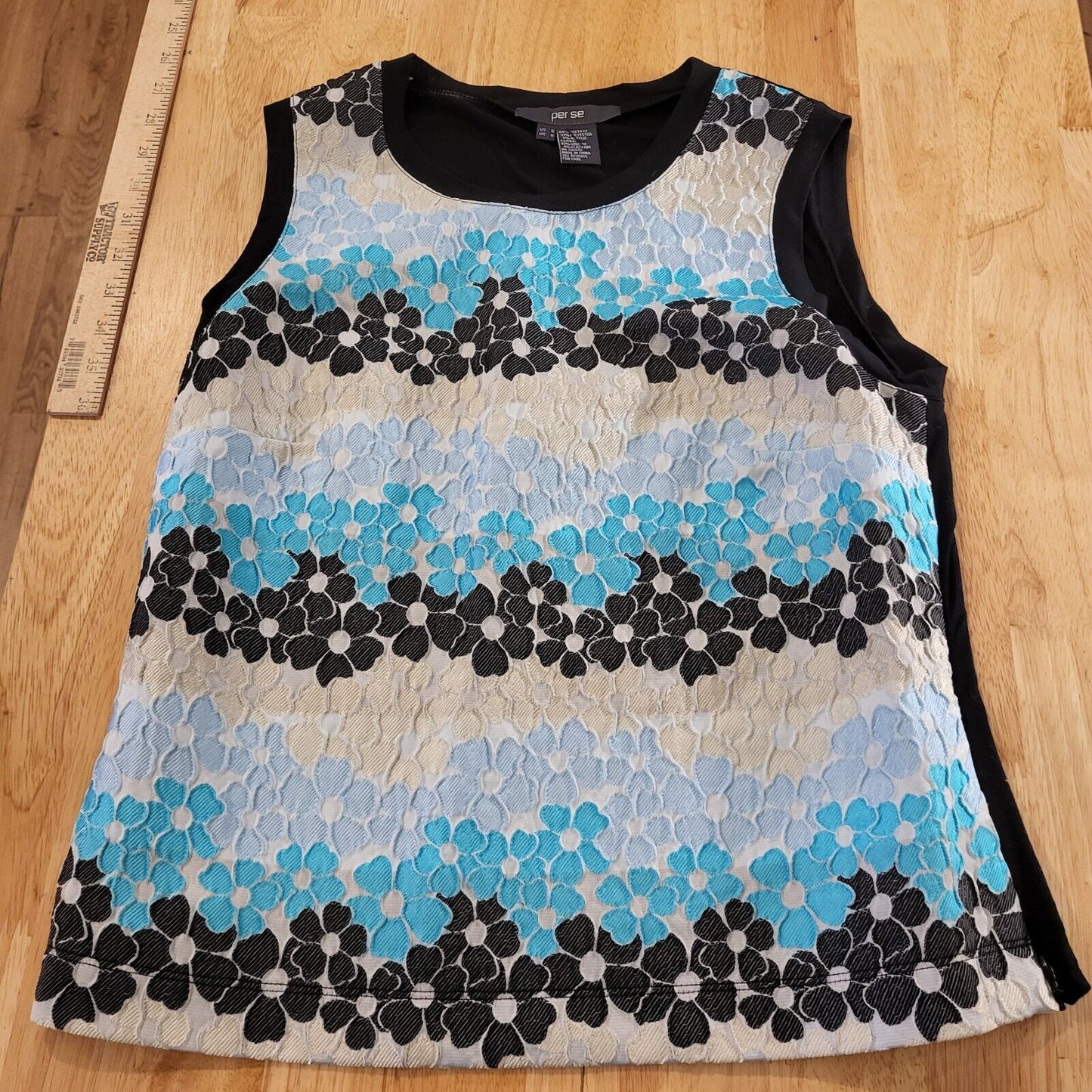 Per Se By Carlisle Blue & Black Floral Sleeveless Tank  Sz 6 Black Back 