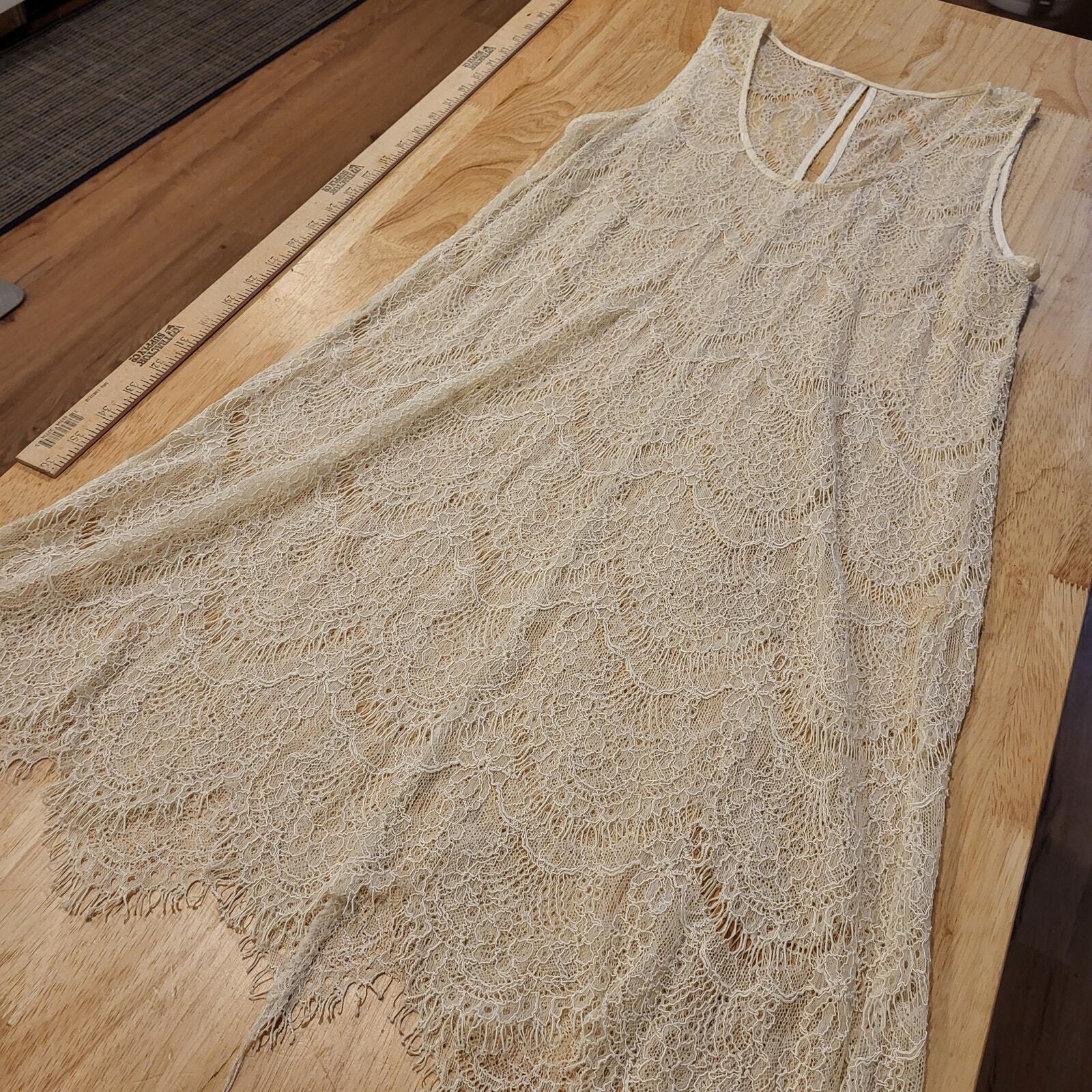 Cream sheer sleeveless lace dress  17" P2P Keyhole 36" Long Fishscale Pattern