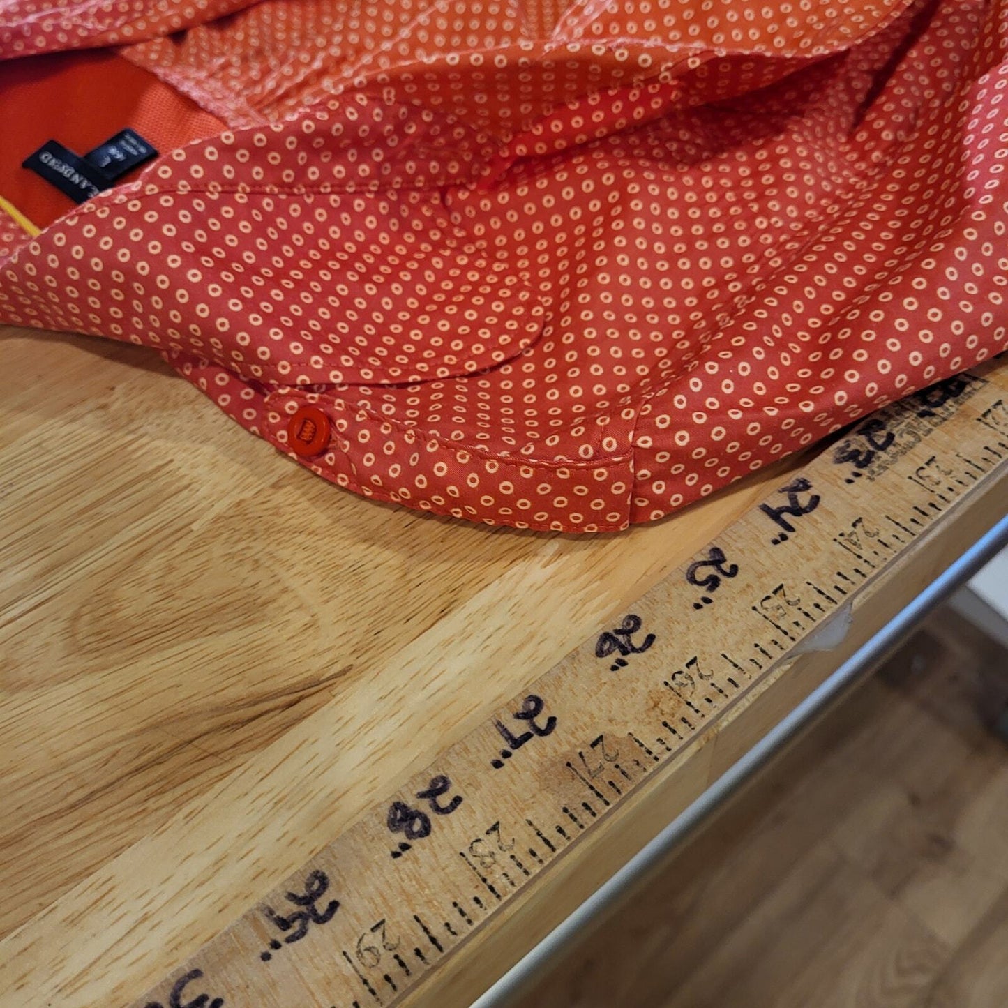 Lands End Large 14/16  Cotton-Poly Blend Red Dotted Button Up Collared shirt