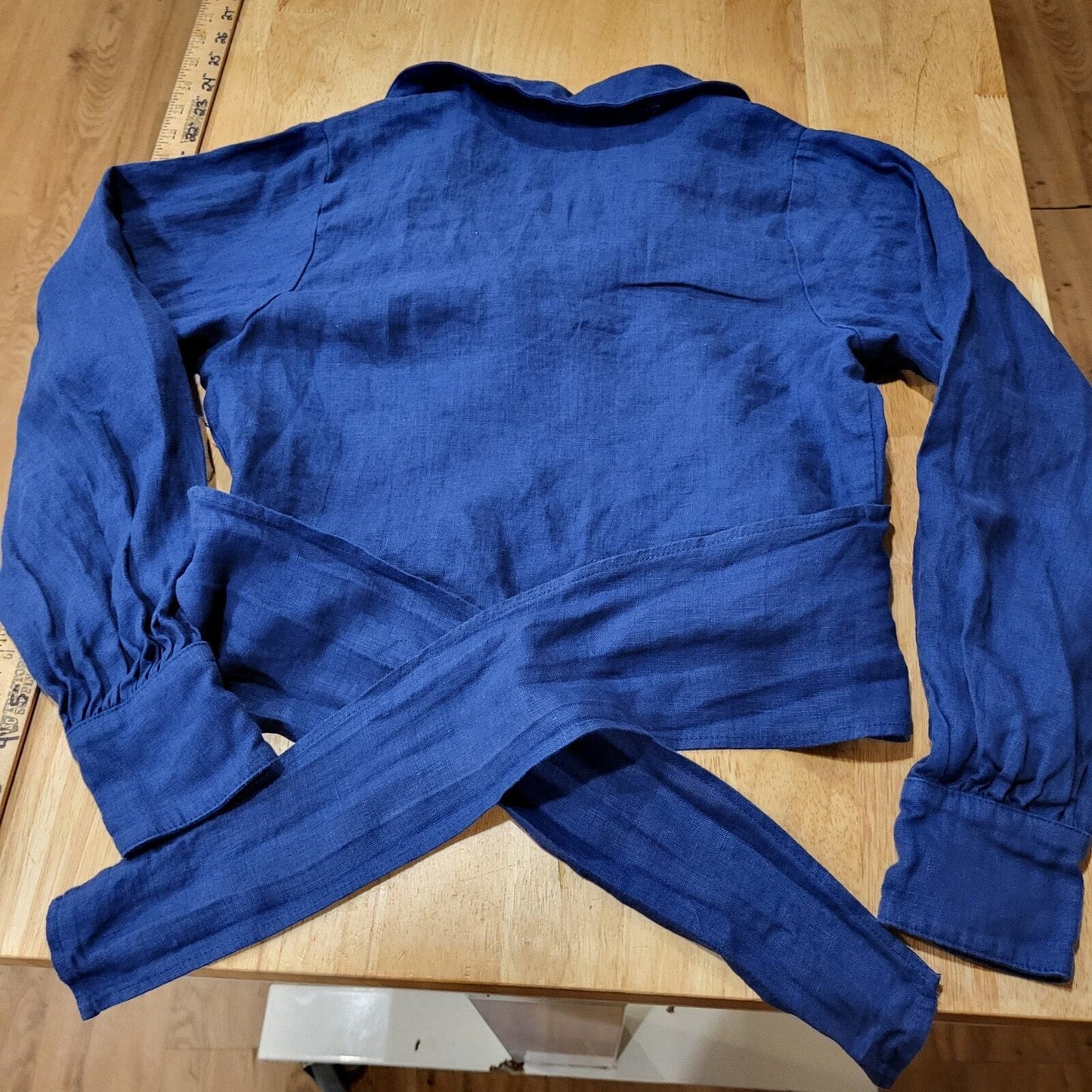 R. G. Kane Rosie Wrap Blouse Blue XS 100% Linen Made in USA 18" P2P