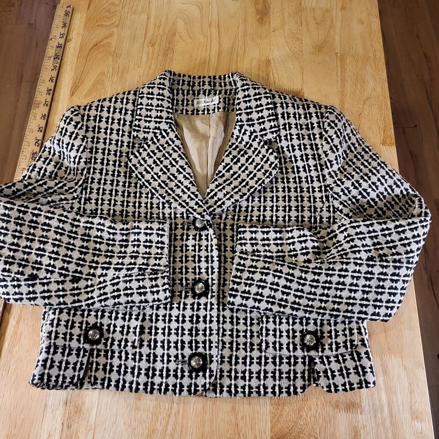Doncaster Geometric 100% Silk Tweed Coat Pockets Buttons Notched Hem Size 2