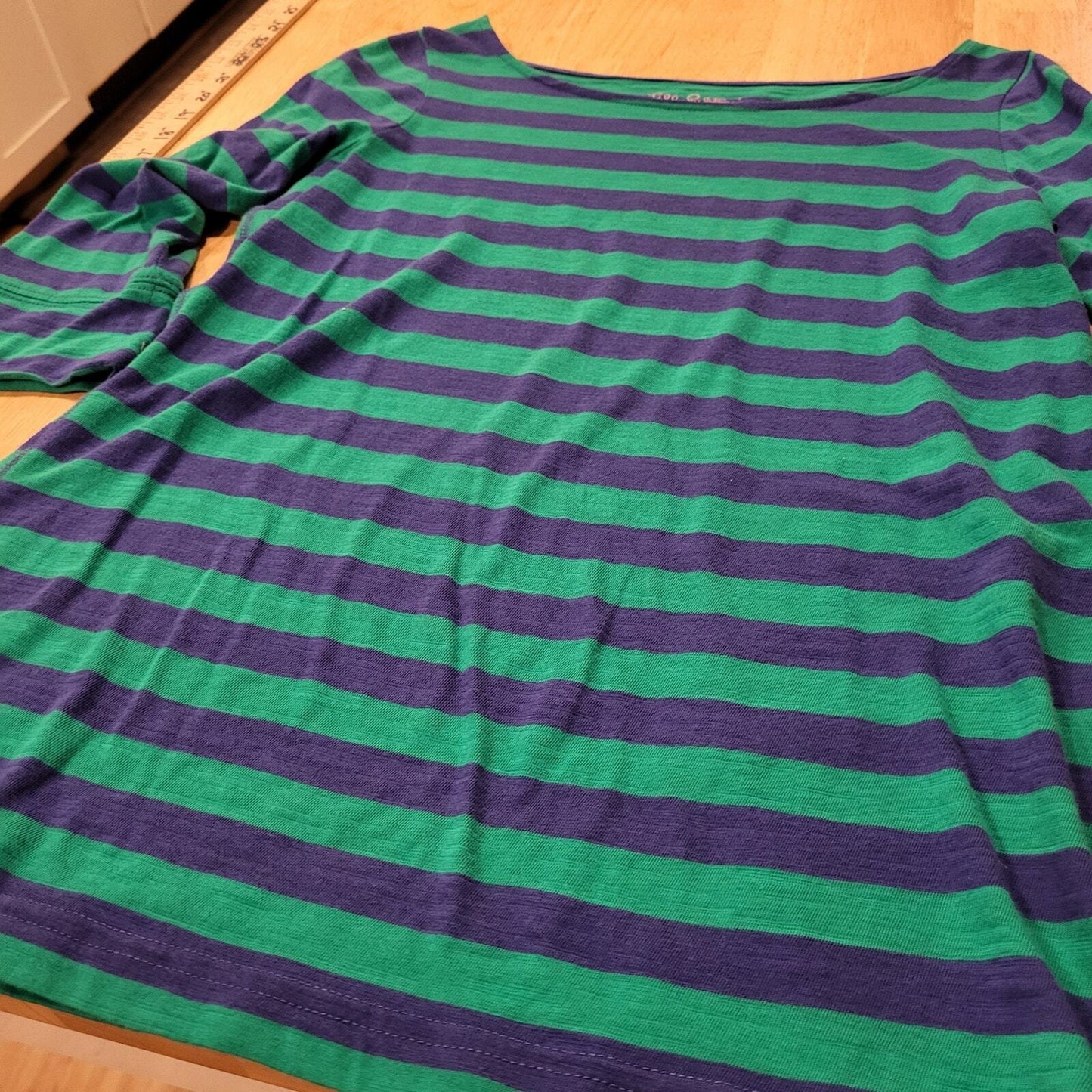 Lilly Pulitzer 3/4 Sleeve Green & Blue Striped Boat Neck T-shirt X-Small 16" p2p