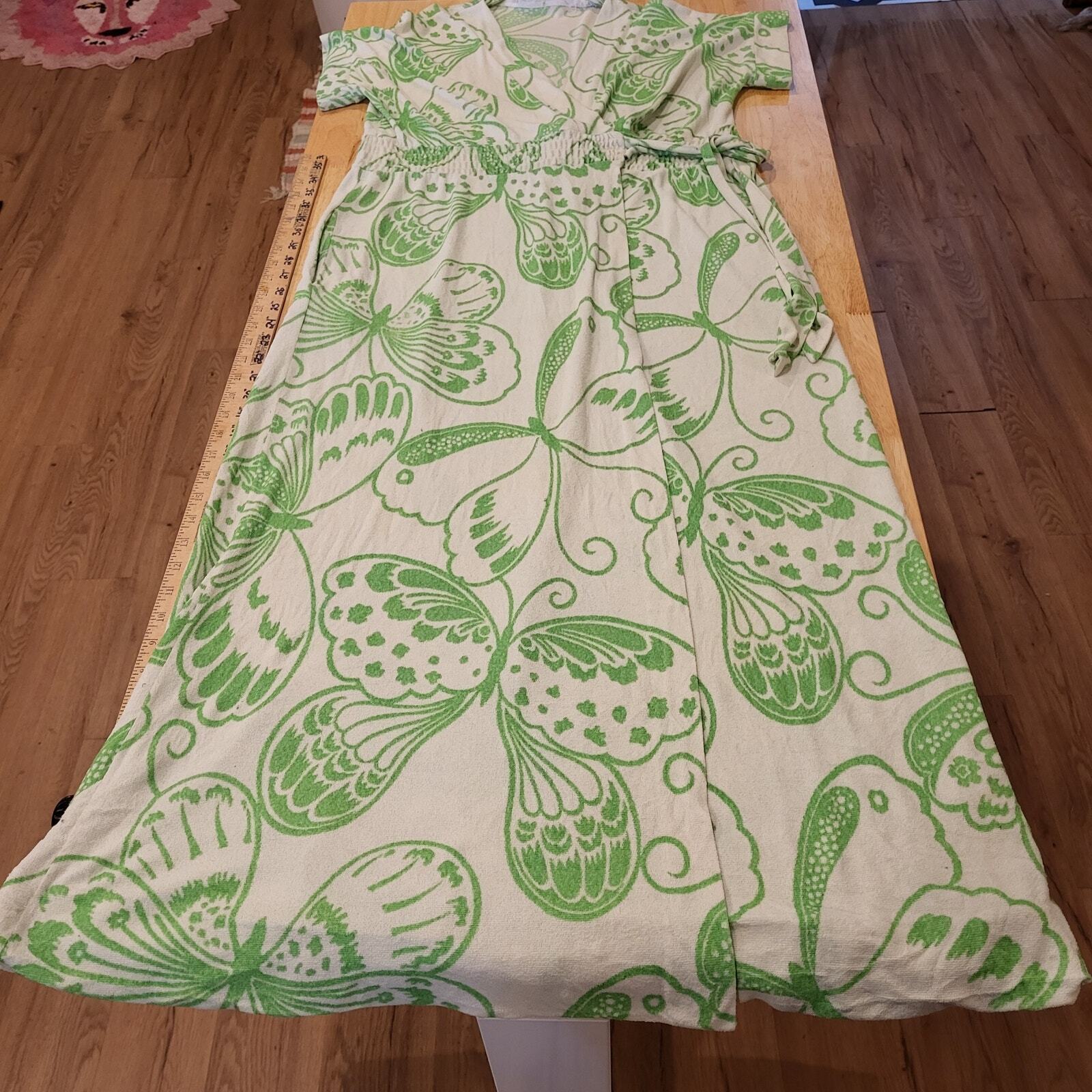 Green Butterfly Terry Dress cover up Summer Swim Short Sleeve Long tie pocket 