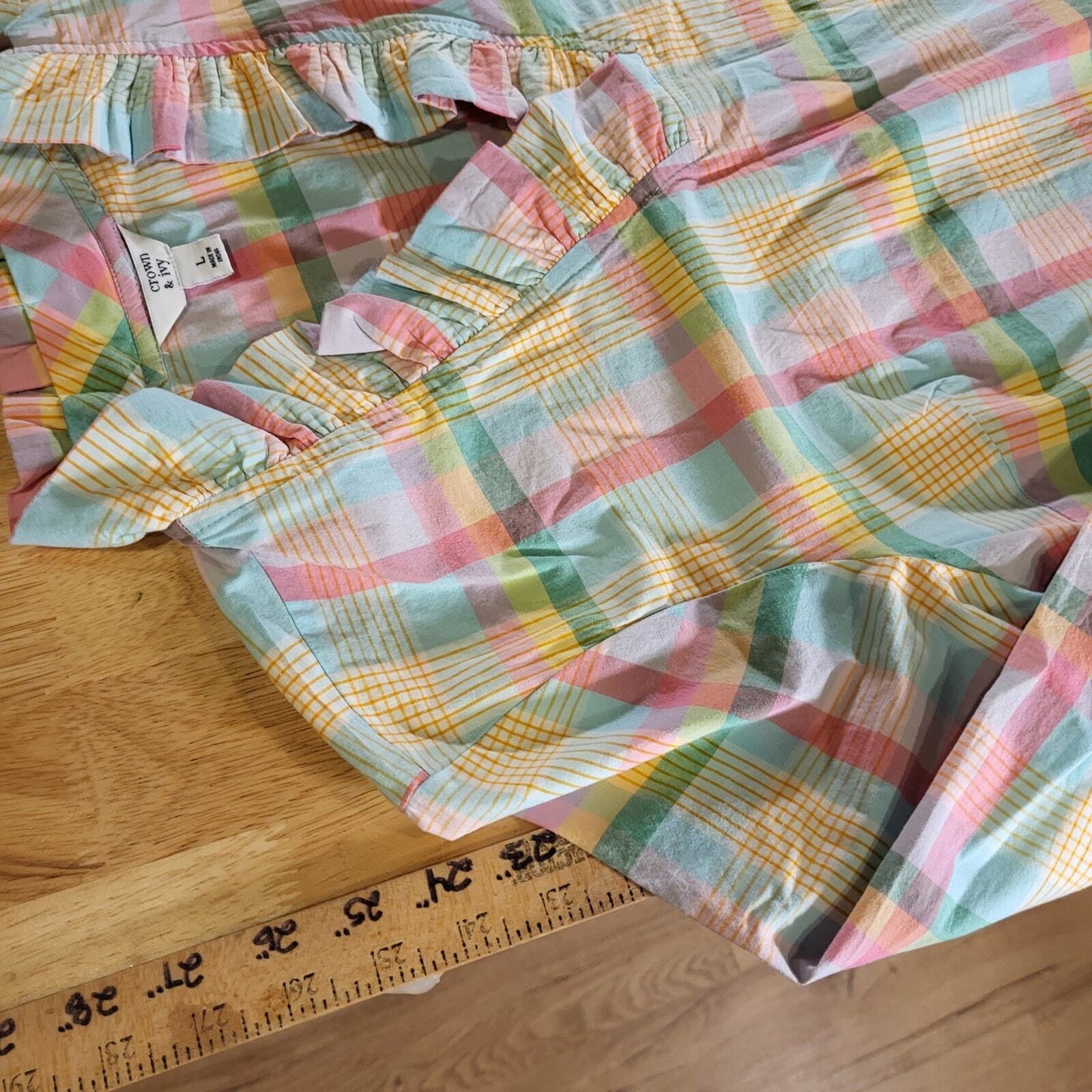 Crown & Ivy Pastel Plaid Ruffle Collar 3/4 Sleeve 25" Long 23" P2P