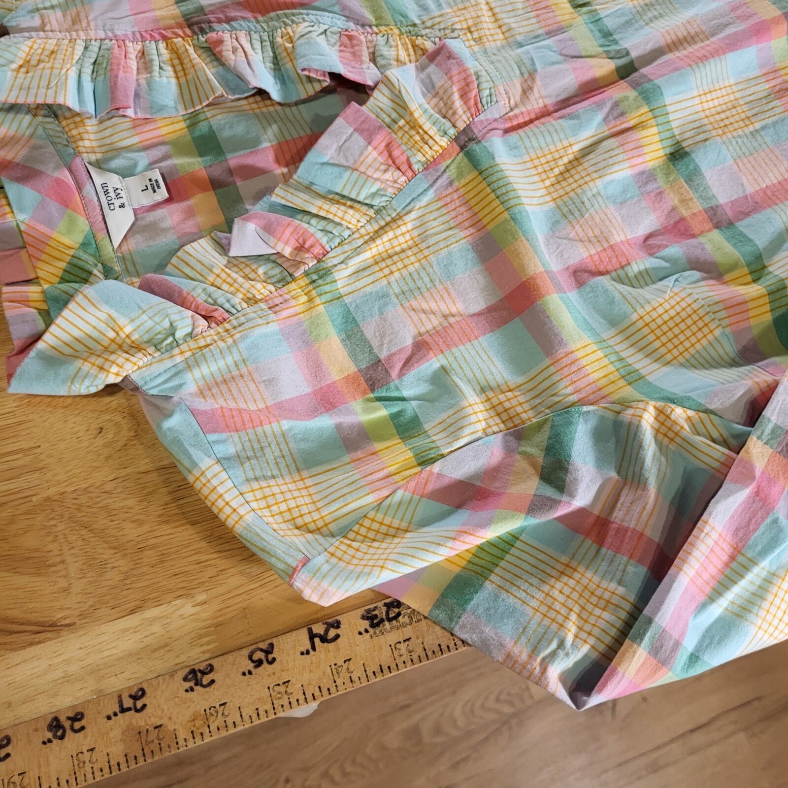 Crown & Ivy Pastel Plaid Ruffle Collar 3/4 Sleeve 25" Long 23" P2P