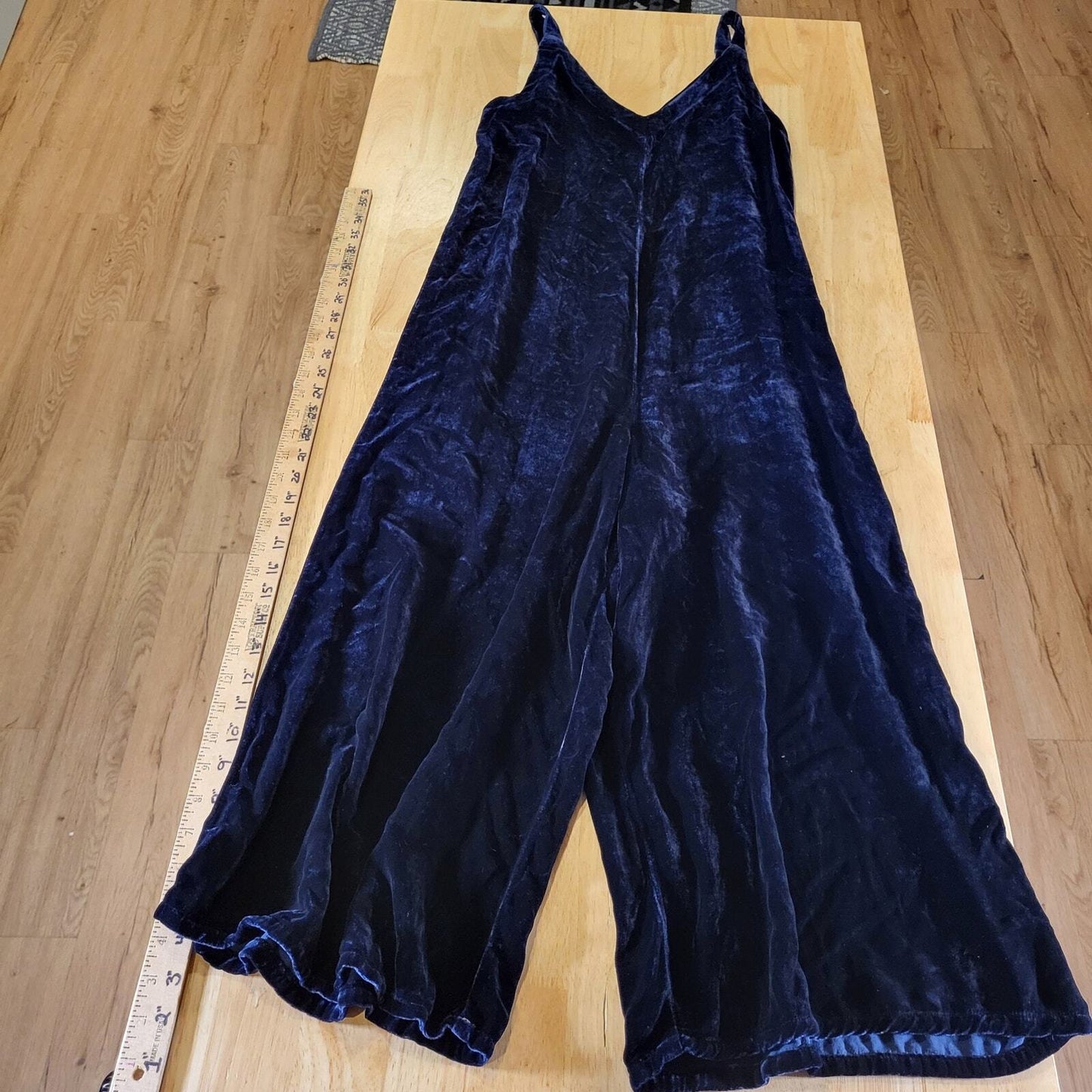 Lacausa Blue Velvet Sleeveless Wide Leg Jumpsuit XS 19" Rise Cropped