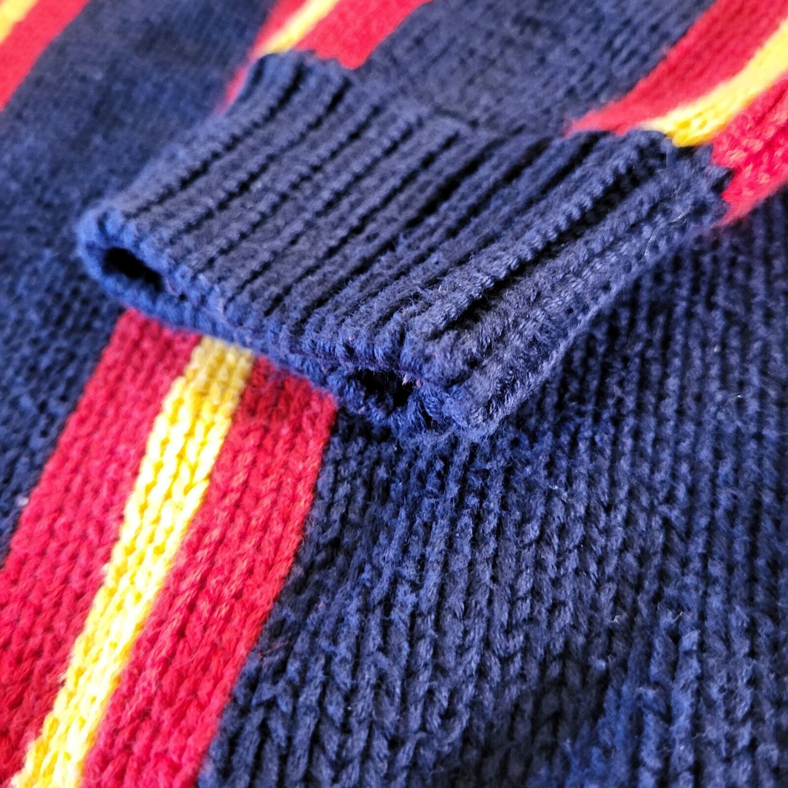 Vintage 90's Liz Claiborne Blue Cardigan Sweater Yellow & Red Stripe Preppy P