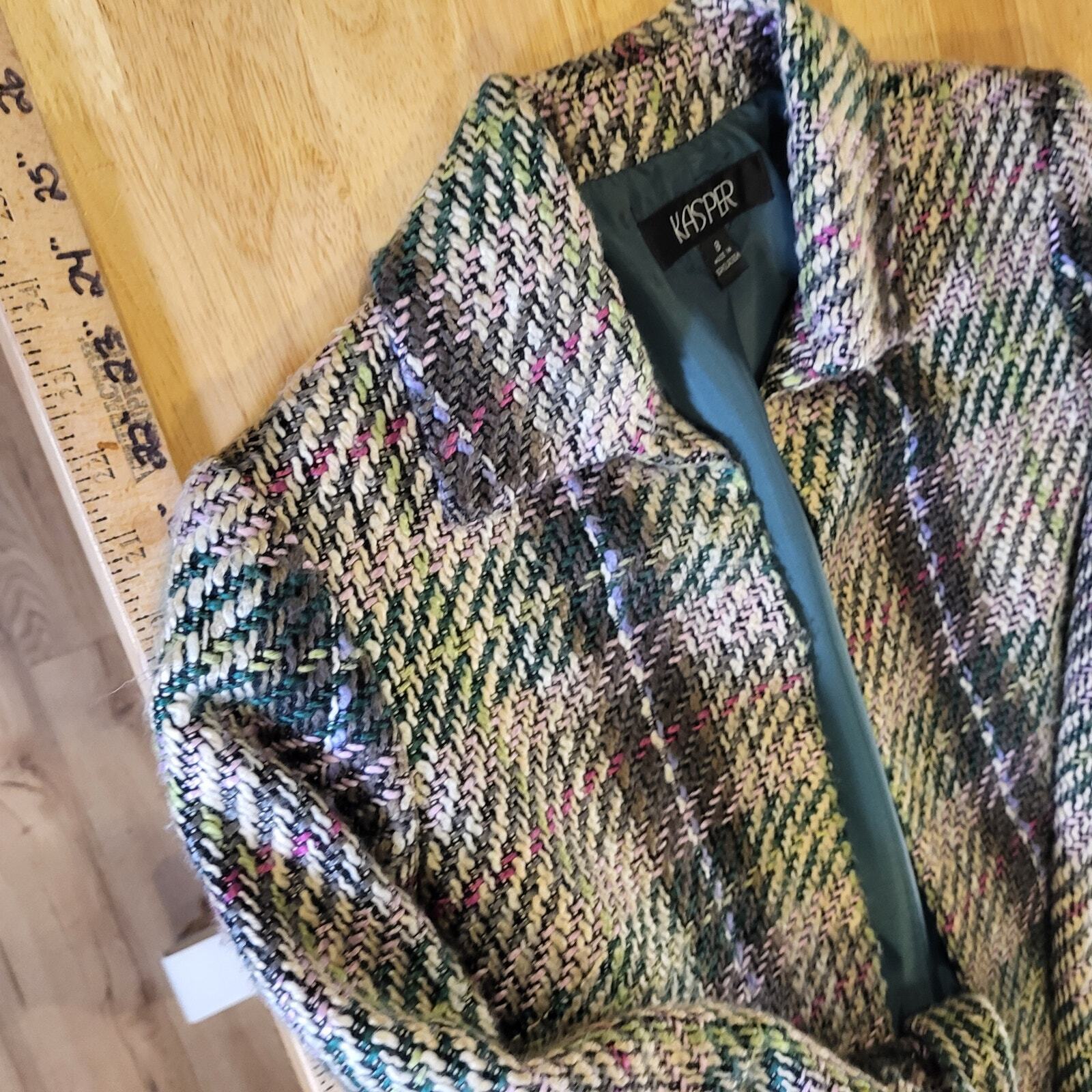 Kasper Pink & Green Short Coat Collared Size 8 Tweed Plaid Cuff 