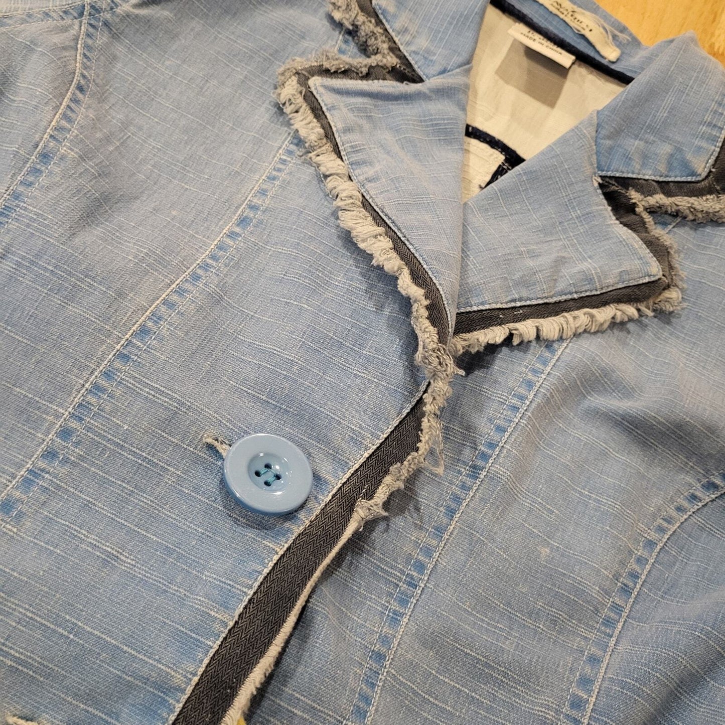 Z. Cavaricci Large Cotton Blend Raw Edge Stretch Denim Two Button Blazer