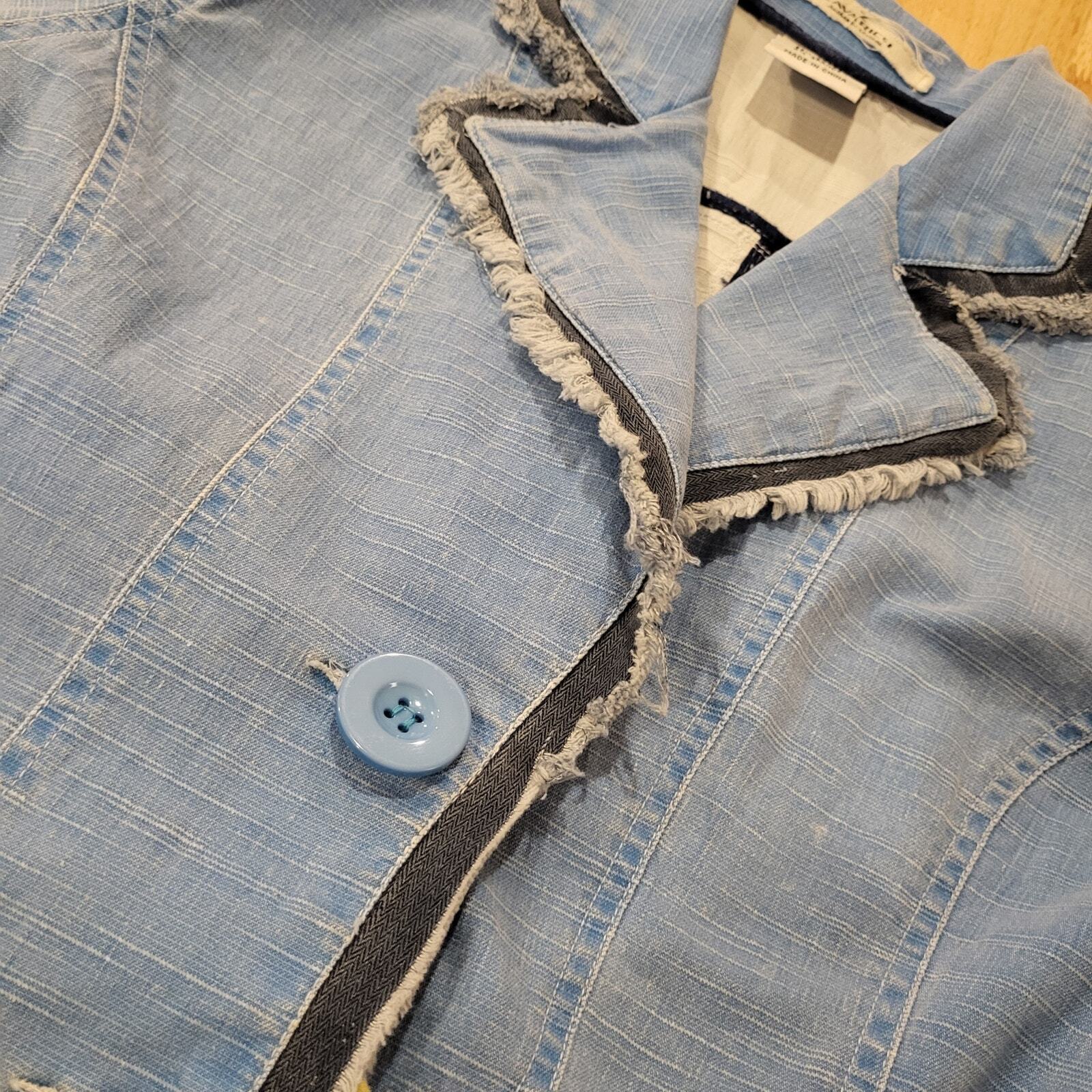 Z. Cavaricci Large Cotton Blend Raw Edge Stretch Denim Two Button Blazer