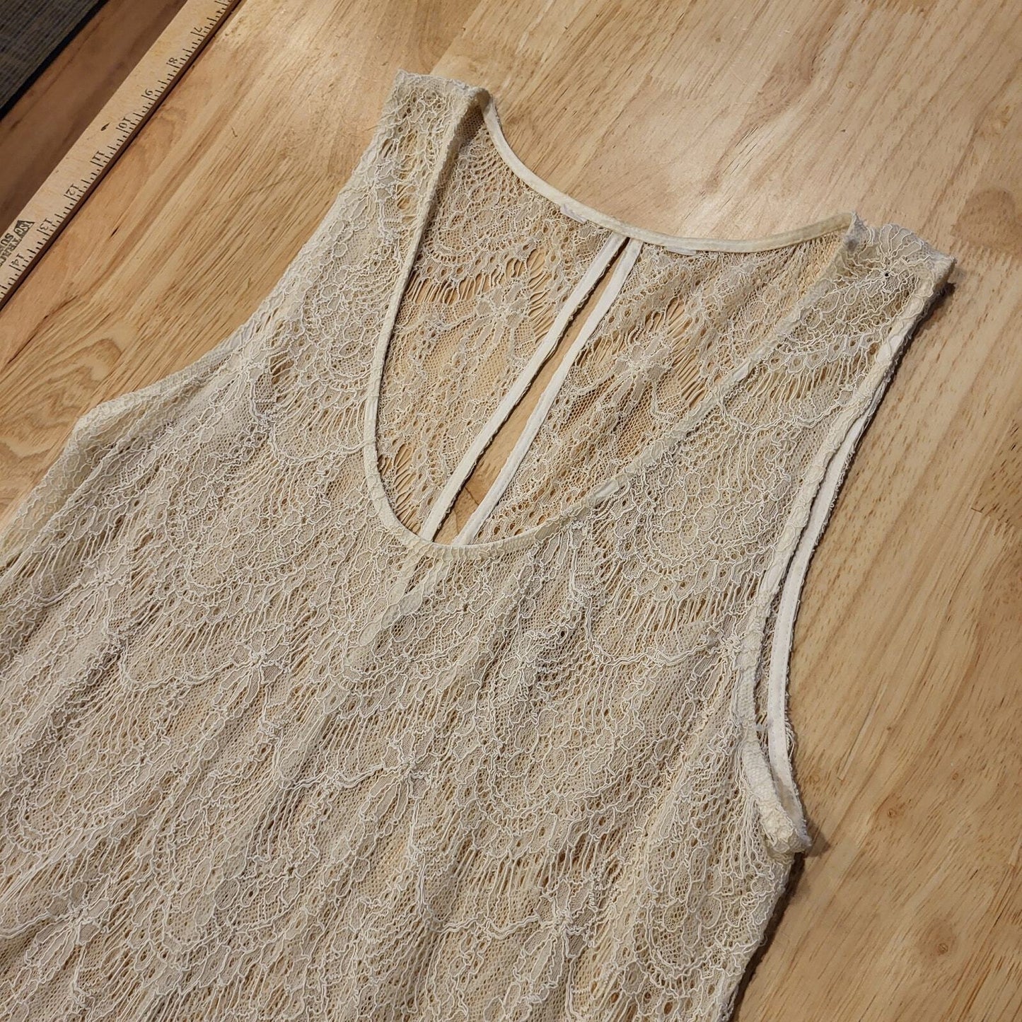 Cream sheer sleeveless lace dress  17" P2P Keyhole 36" Long Fishscale Pattern