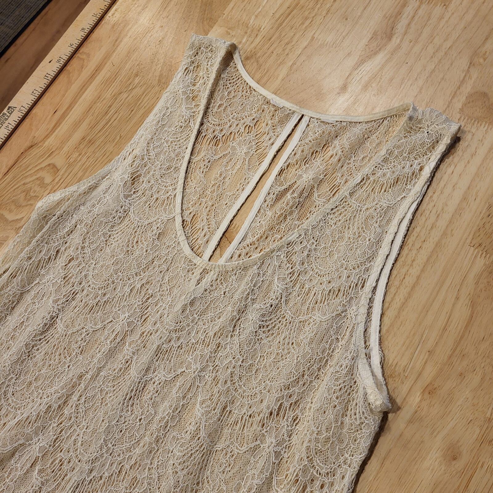 Cream sheer sleeveless lace dress  17" P2P Keyhole 36" Long Fishscale Pattern