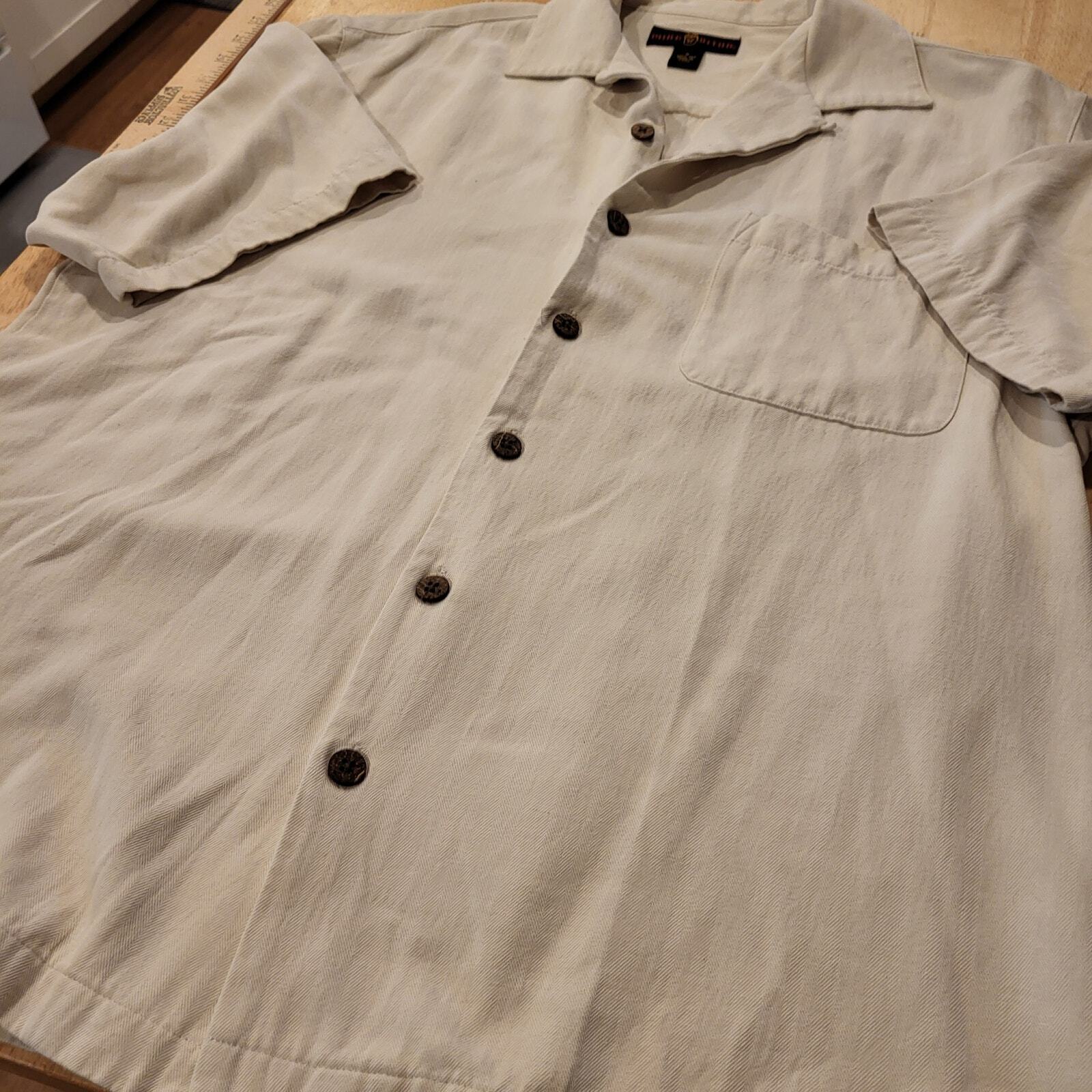 Mike Ditka 100% Silk Cream Short Sleeve Button Down Collared Shirt Small
