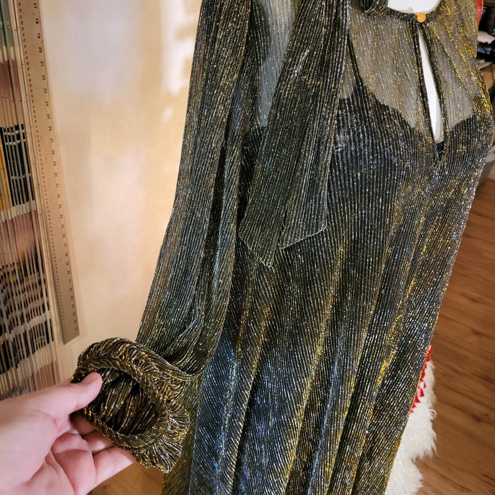 Gold Metallic Vintage Sheer Maxi Dress Long Sleeve Belt 24" P2P Ribbed