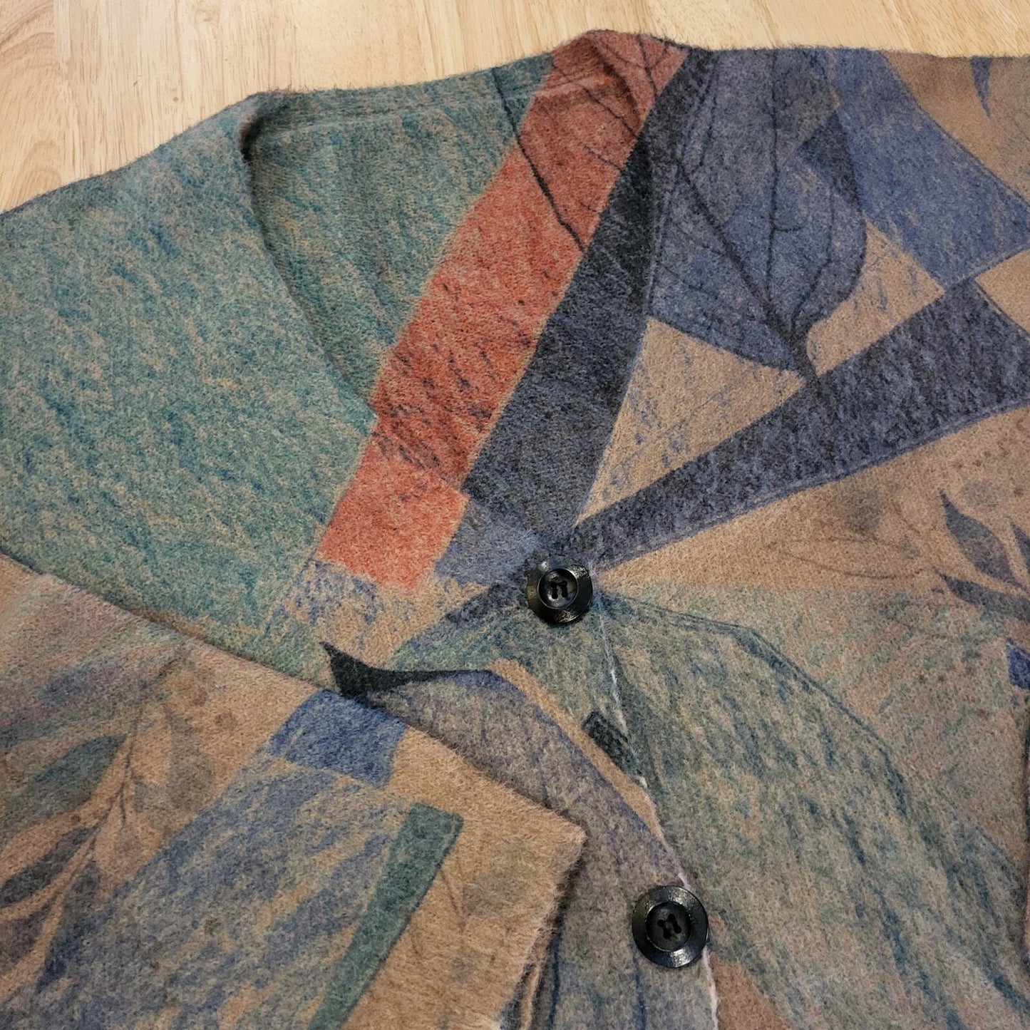Wool & Cotton Blend Botanical Print Knit Cardigan Pockets 25" Pit 2 Pit