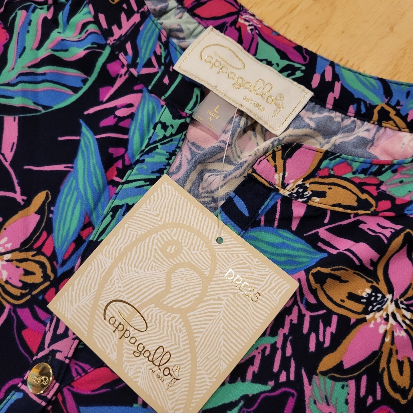 NWT Pappagallo Navy Floral Gold Button Knee Length Dress Long Sleeve Large