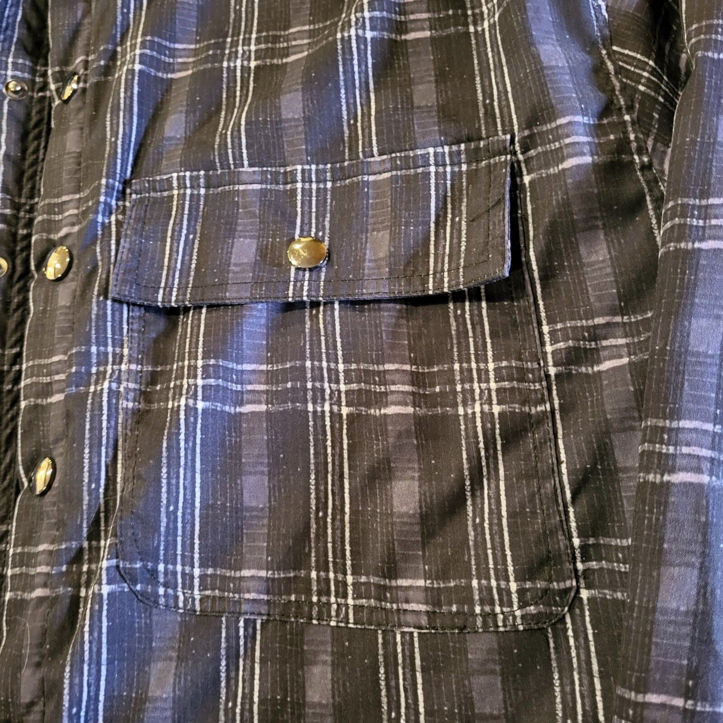 Blue Plaid Nylon Snap Button Collared Coat Fleece Lined Pockets 23" p2p 28" L