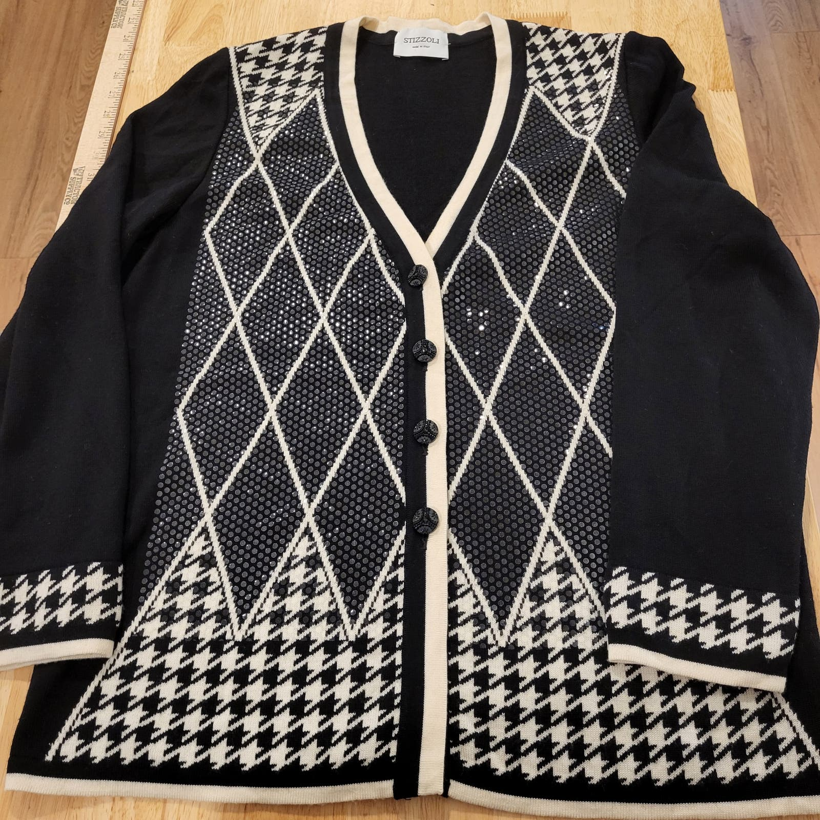 Stizzoli Made in Italy Wool Houndstooth Geometric Black and White Cardigan