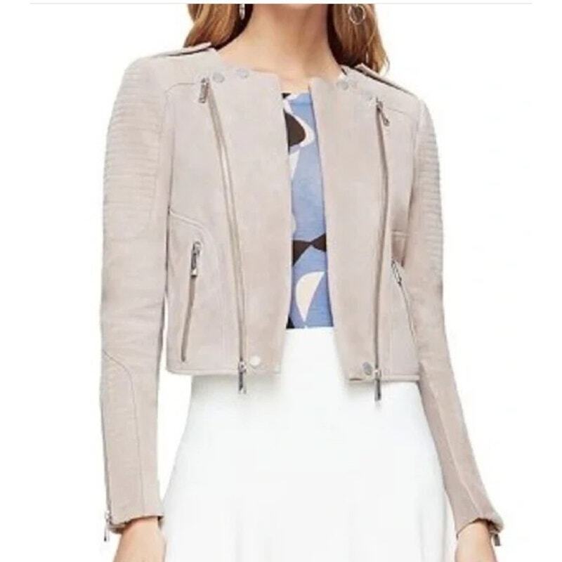 BCBGMAZAZRIA xs Cream Beige Suede Moto Jacket 100% Goat Leather