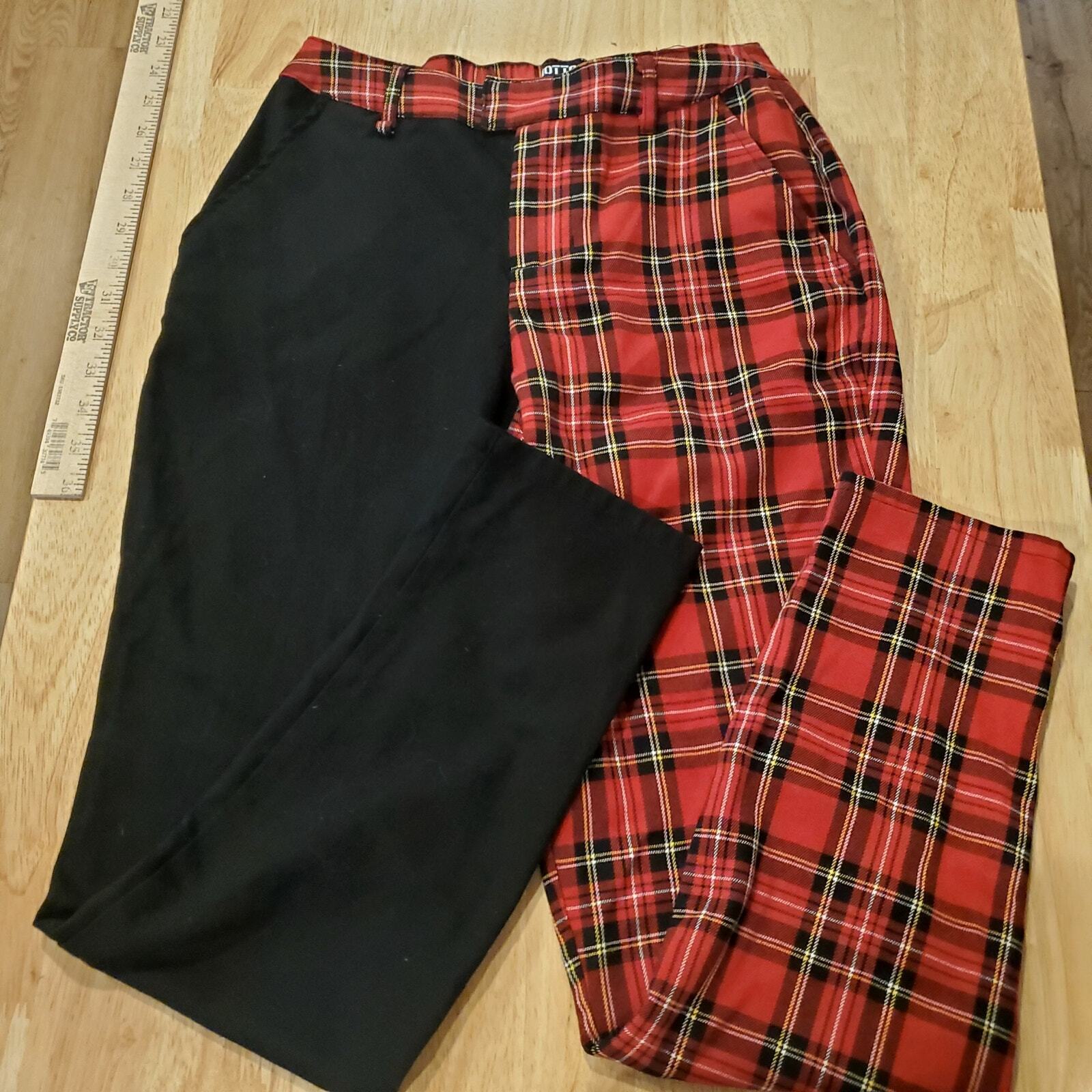 Hot Topic Black & Red Plaid Contrast Leg Pants Elastic Waist Zip Fly Pockets Sm.