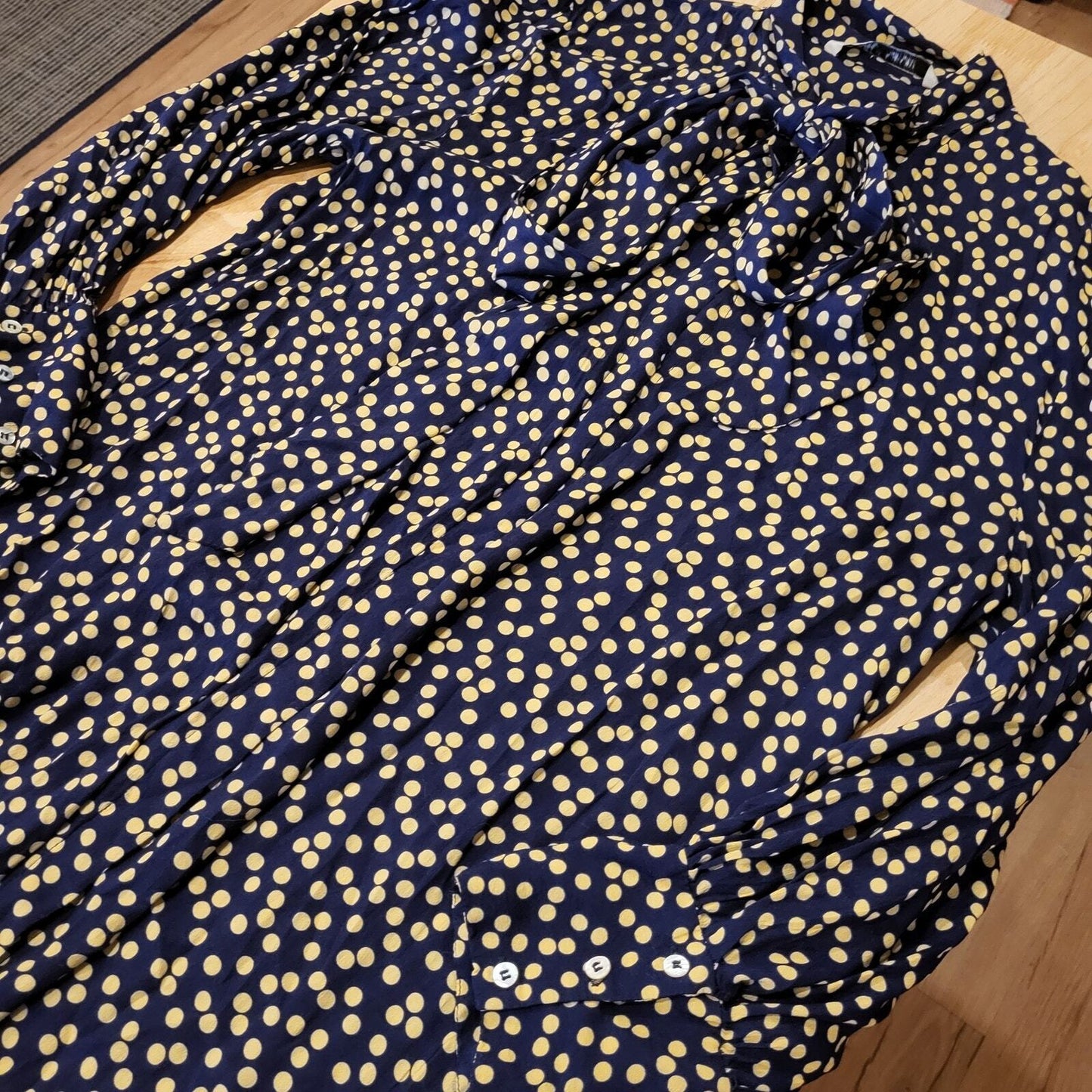 Zara Long Blue & Yellow Polka Dot Button Maxi Shirt Dress Tie Collar Large Nylon