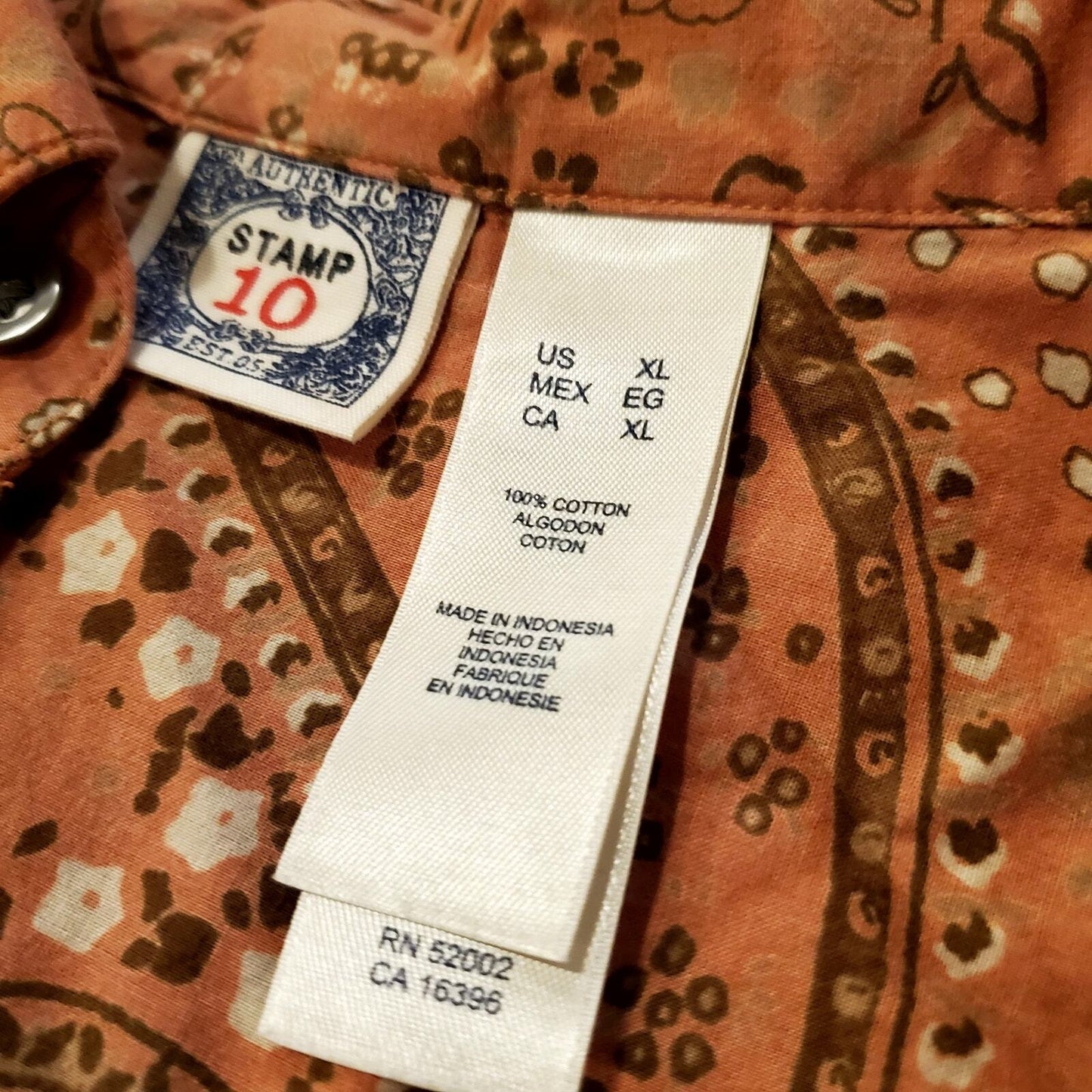 Western Stamp 10 Burnt Orange Paisley Button Down Collared Shirt XL 100% Cotton