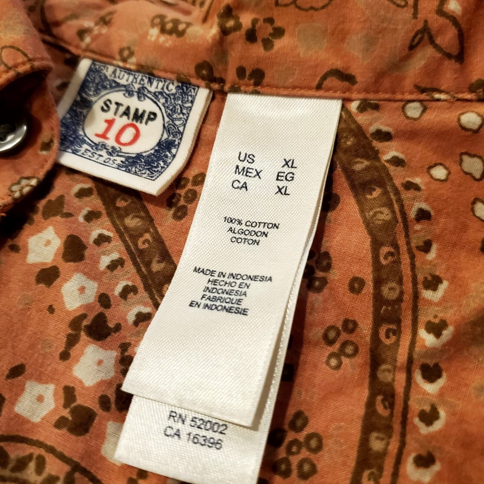 Western Stamp 10 Burnt Orange Paisley Button Down Collared Shirt XL 100% Cotton