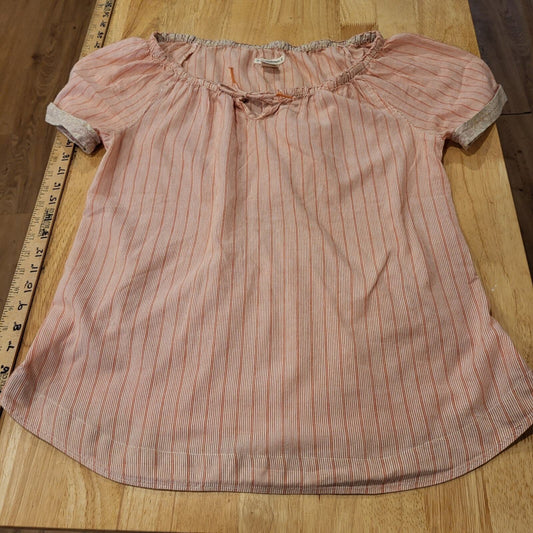 Ruff Hewn 100% Cotton Medium Red Striped Blouse Elastic Cap Sleeve 