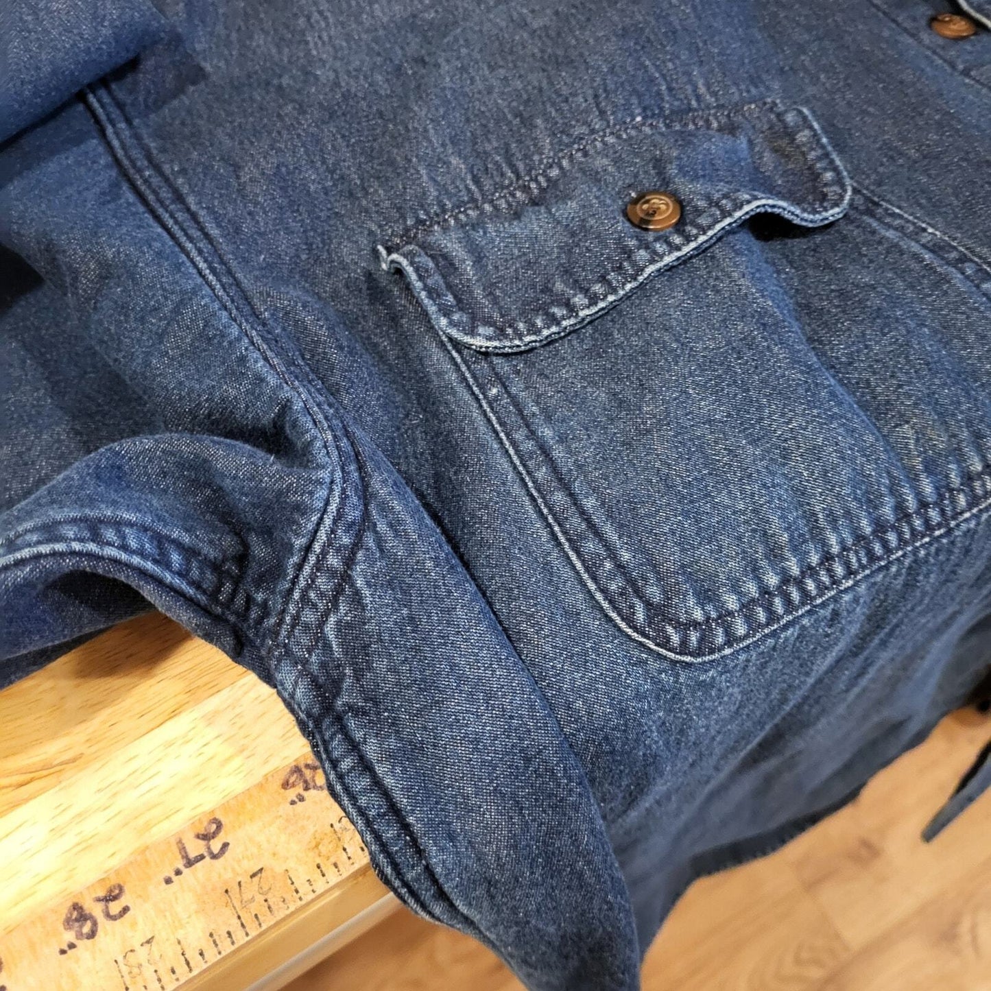Lanesboro 100% Cotton Blue Denim Brown Fleece Lined Collared Button Up Jacket XL