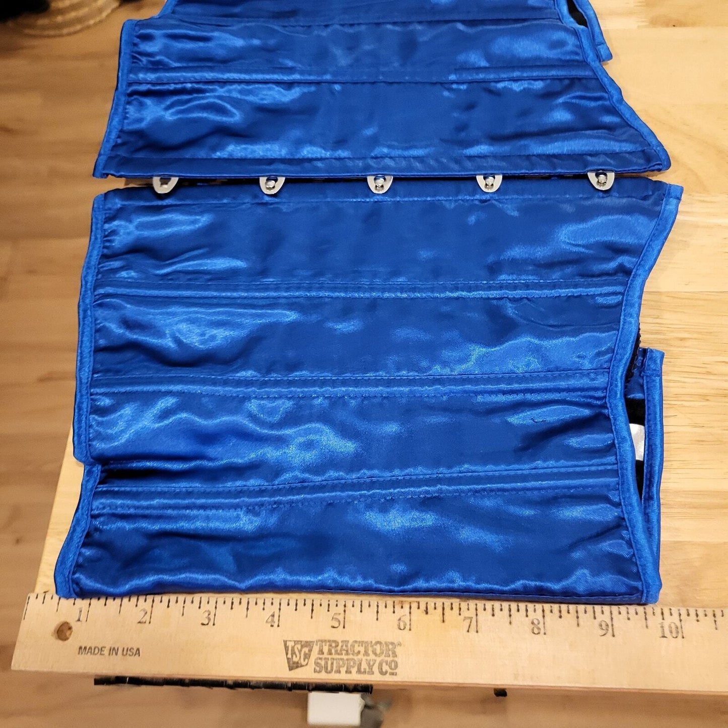 Size Medium Blue Satin Metal Busk Under Bust Corset Measurements in Photos. 
