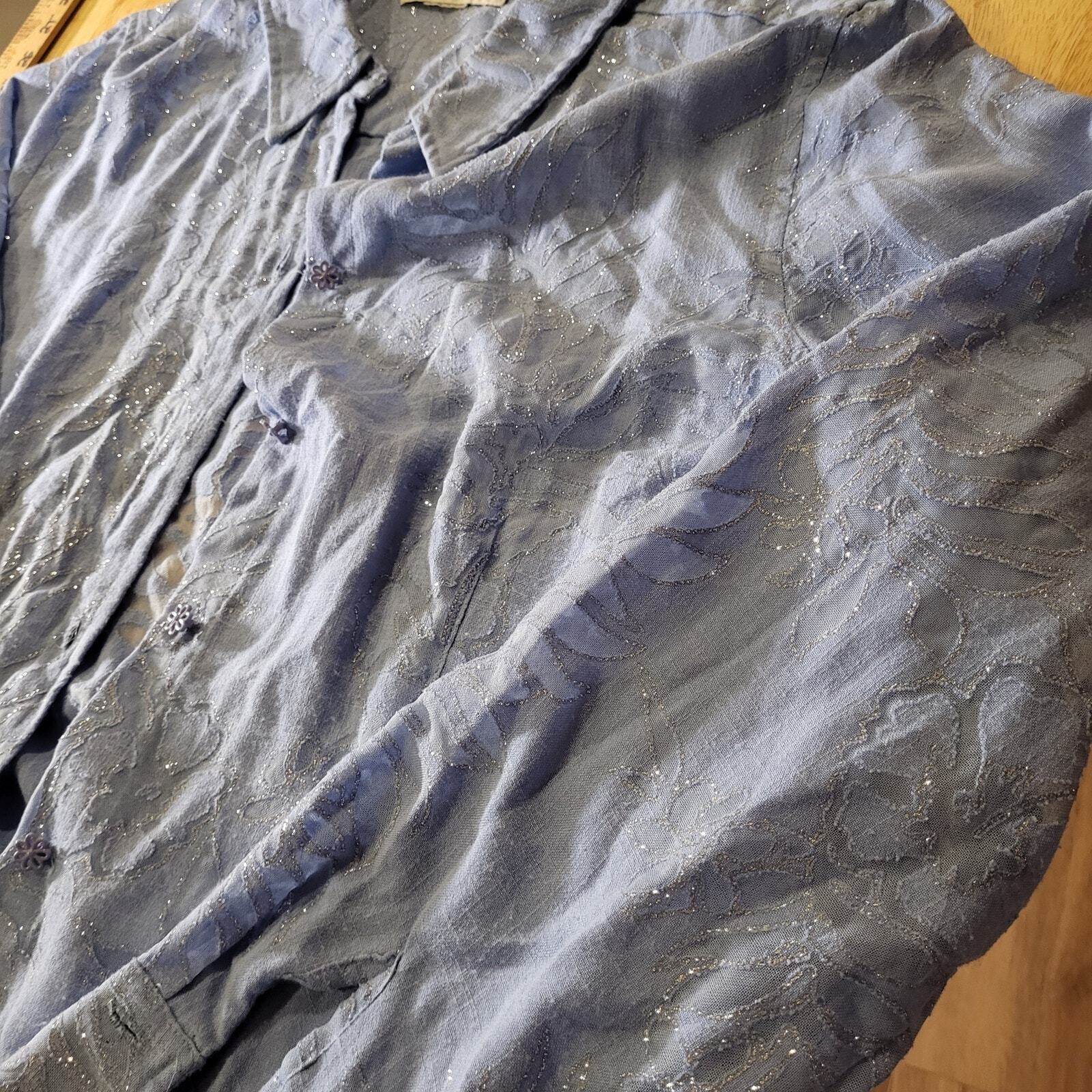 Sag Harbor Blue Metallic Burnout Flor Button Collard Sheer 23" P2P 24" Long 